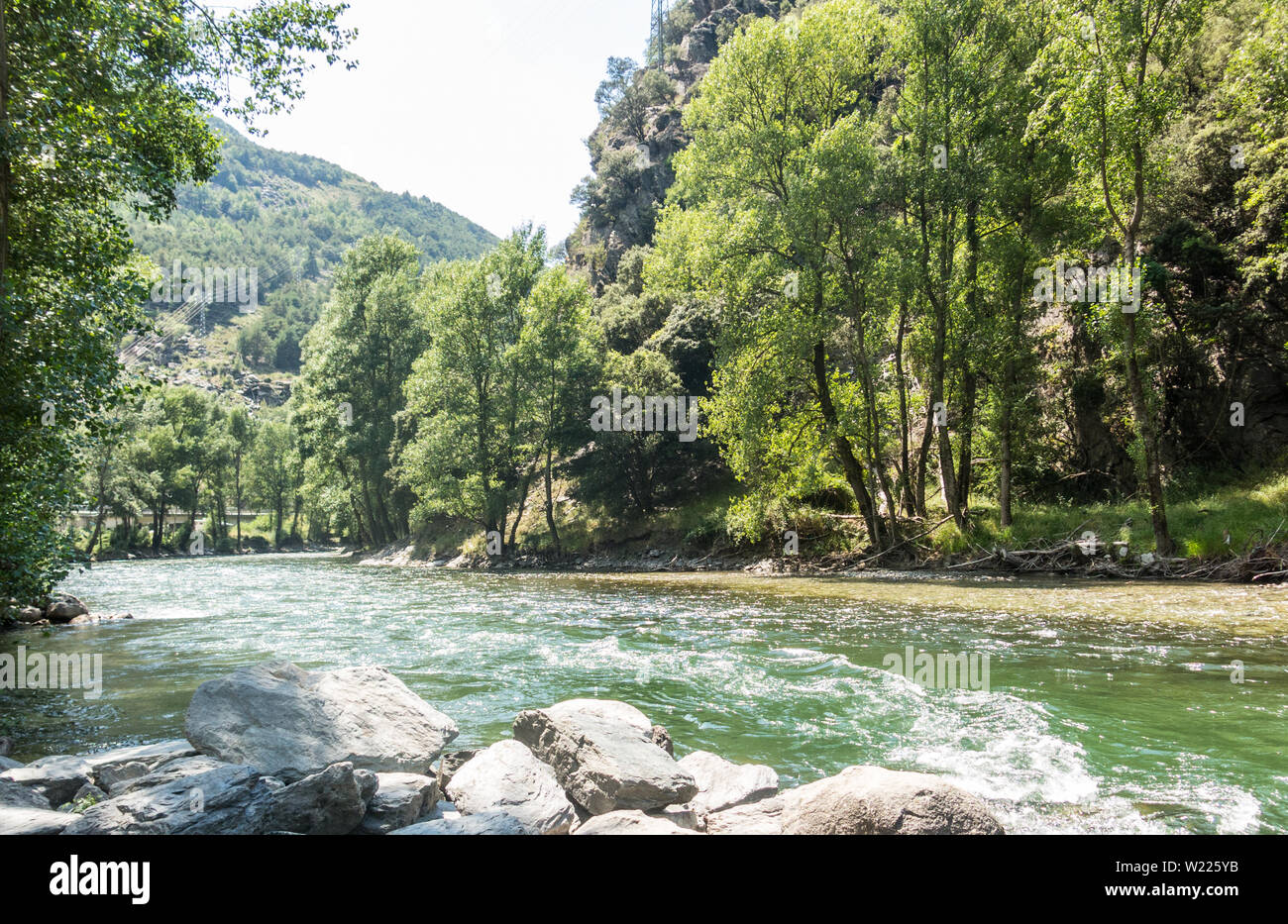 Panorama naturale del fiume Noguera Pallaresa con forti correnti, tipico dell'estate. Provincia di Lleida. Pirenei catalani. La Catalogna, Spagna. Foto Stock