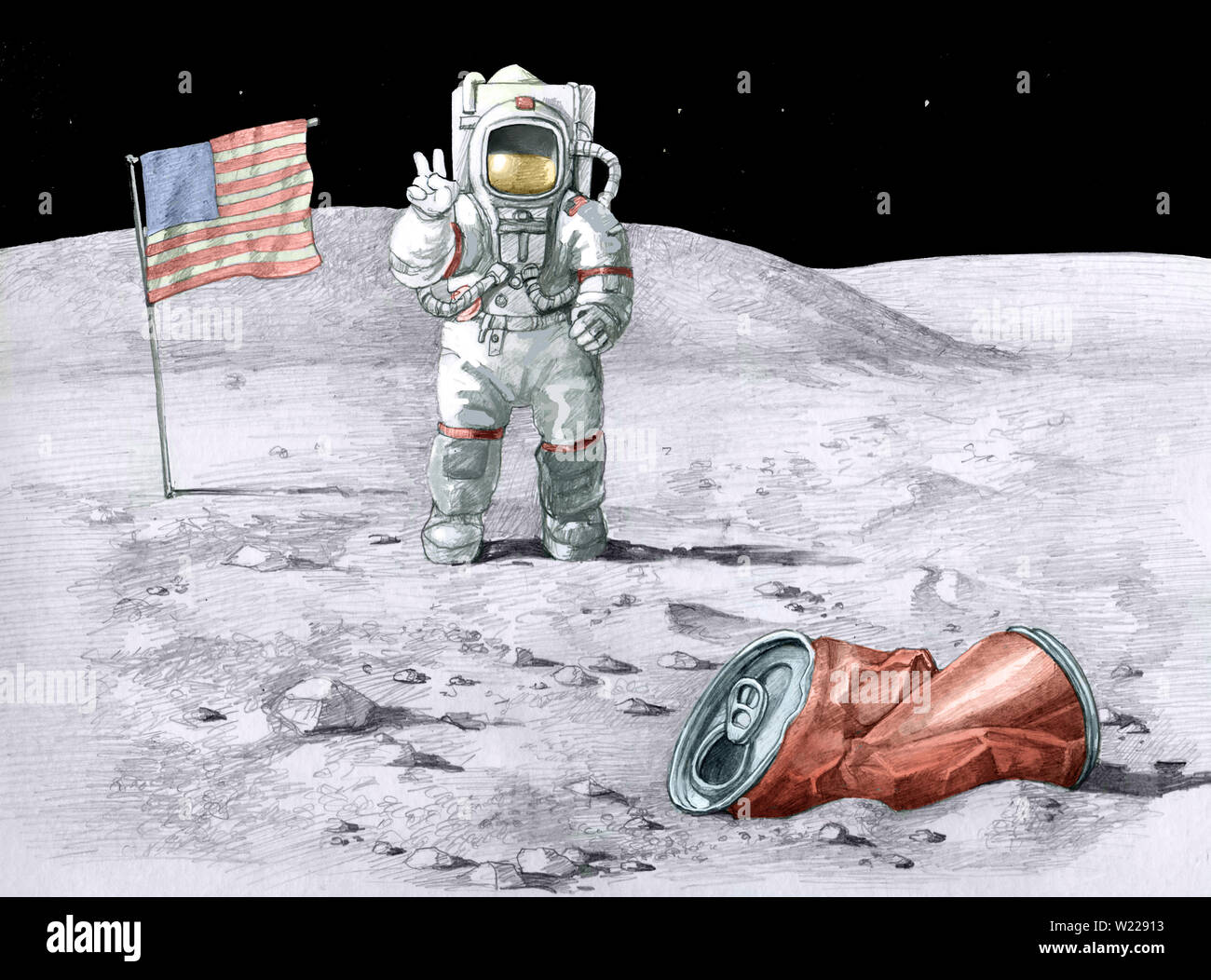 Il primo uomo sulla luna in background può essere gettato accartocciata in primo piano Foto Stock