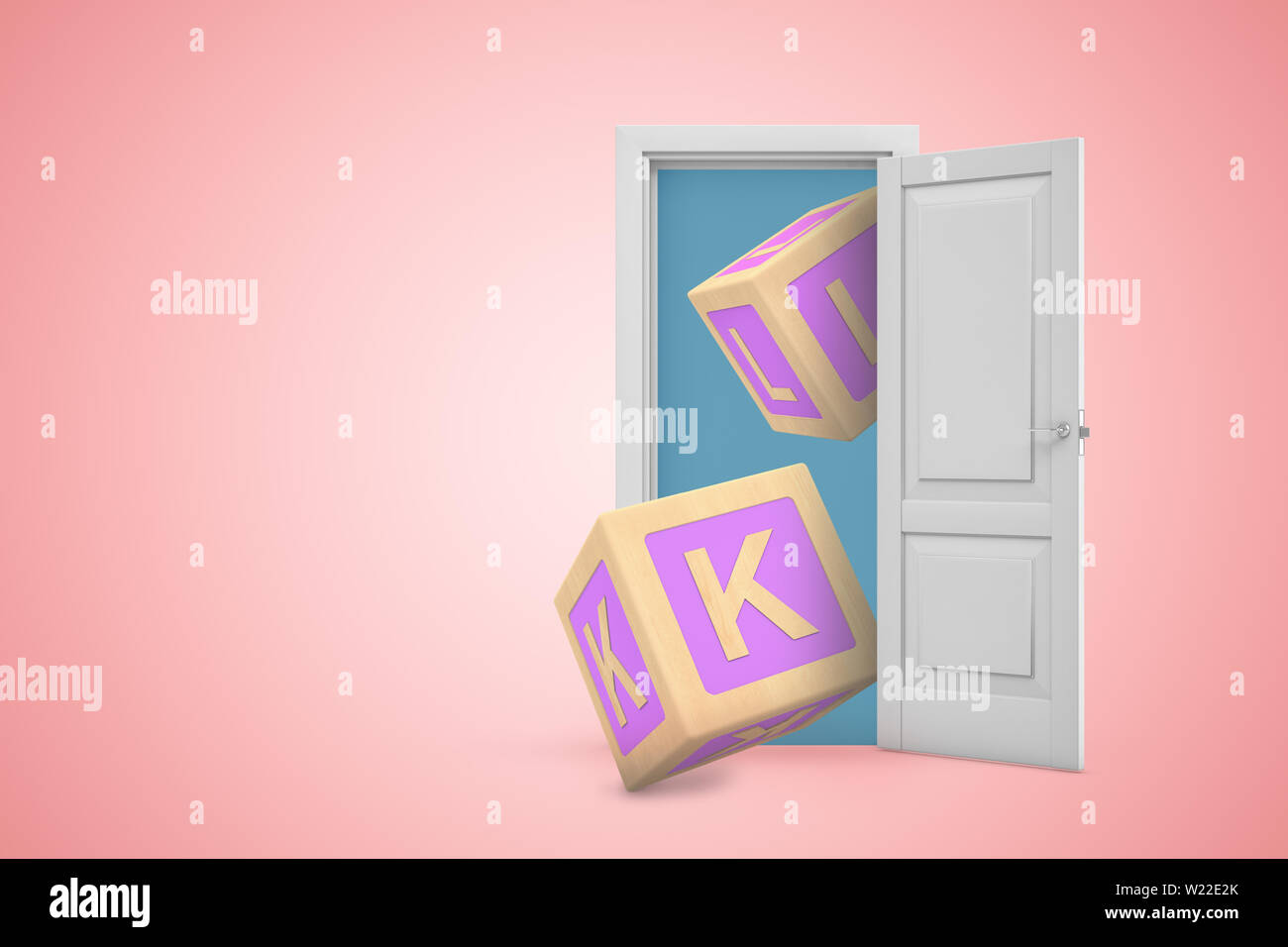 3D rendering di aprire lo sportello sul rosa copyspace di gradiente di sfondo e due grandi blocchi di ABC battenti di porta. Foto Stock