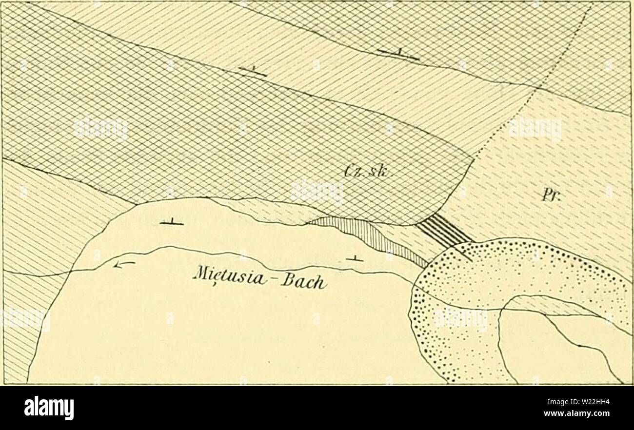 Immagine di archivio da pagina 17 del Denkschriften - Österreichische Akademie der. Denkschriften - Österreichische Akademie der Wissenschaften denkschriftens681900akad Anno: 1850 8 V. Ulli ig, Konczysta' bei der Alpe Frzystop Migtusie scharf abgeschnitten erscheint. Es liegt hier möglicherweise eine Blattverschiebung in der Richtung nach Südwest vor (in der Kartenskizze durch eine punktirte Linie angedeutet); es würde dann das Ostende des nördlichen Oberliaszuges als die Fortsetzung des an der Alpe Przystop Mitusie così schroff zu Ende gehenden südlichen Oberliaszuges betrachten zu sein und in der G Foto Stock