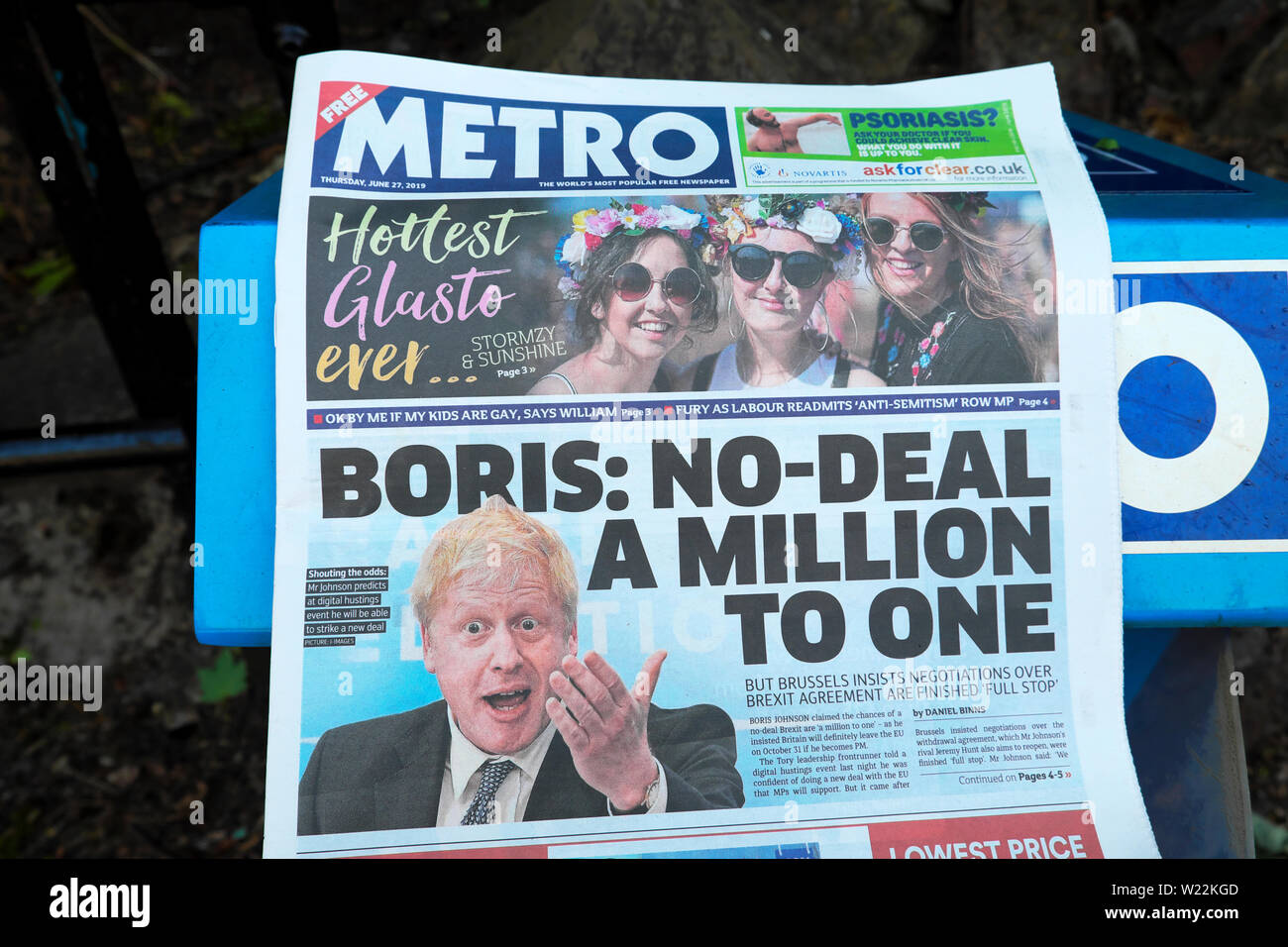 "Boris: No-Deal un milione a un' giornale Metro Brexit front page headline in carta britannica Londra Inghilterra Regno Unito 27 Giugno 2019 Foto Stock