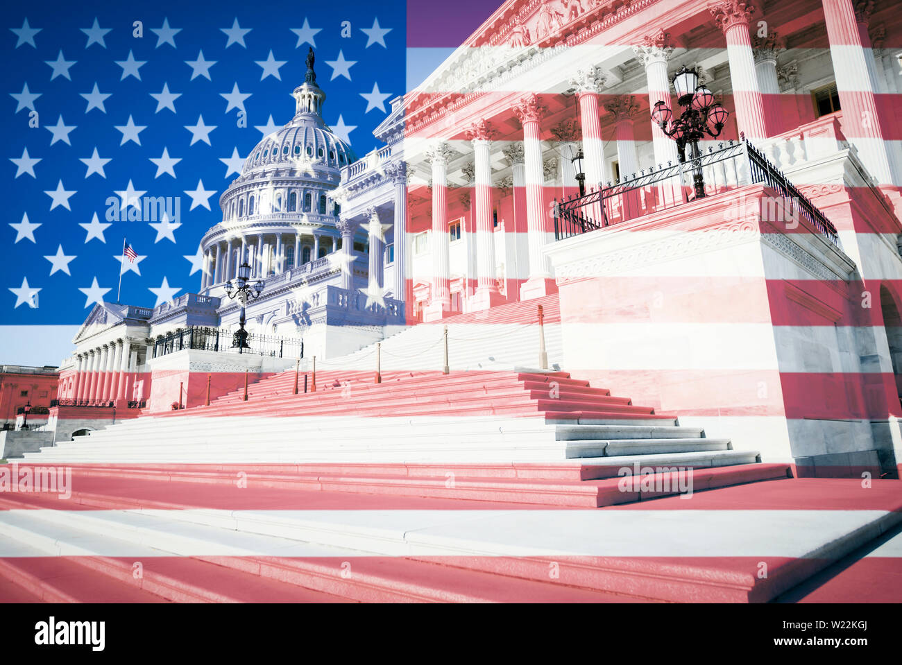 Sovrapposizione astratta della bandiera americana contro il Washington DC, Stati Uniti d'America skyline a Capitol Hill Foto Stock