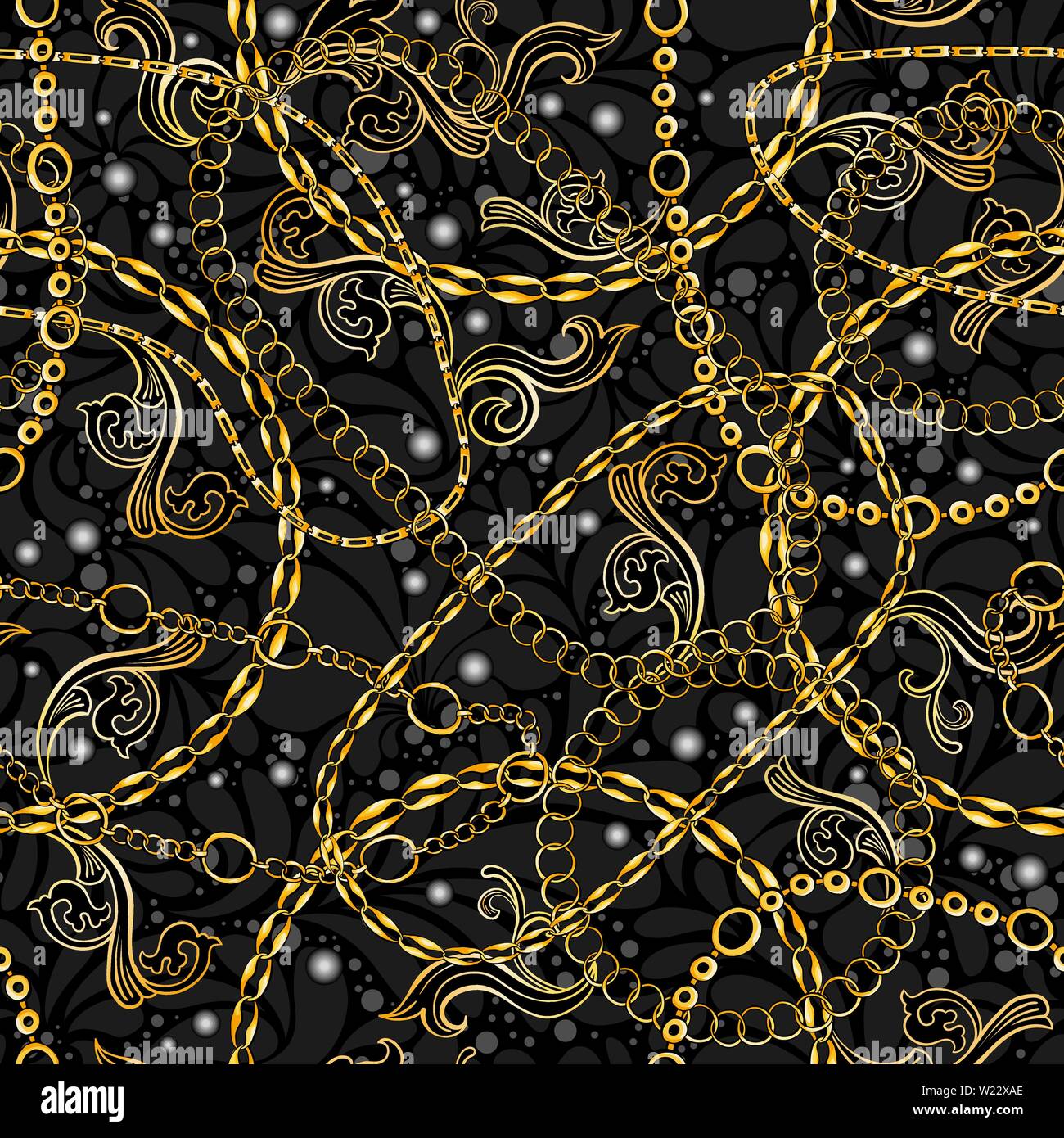 Golden e Silver catene gioielli barocchi Seamless disegno vettoriale. Oro sullo sfondo di accessori per la moda arte Design. Alla moda decorativa bandana sciarpa con perle Illustrazione Vettoriale