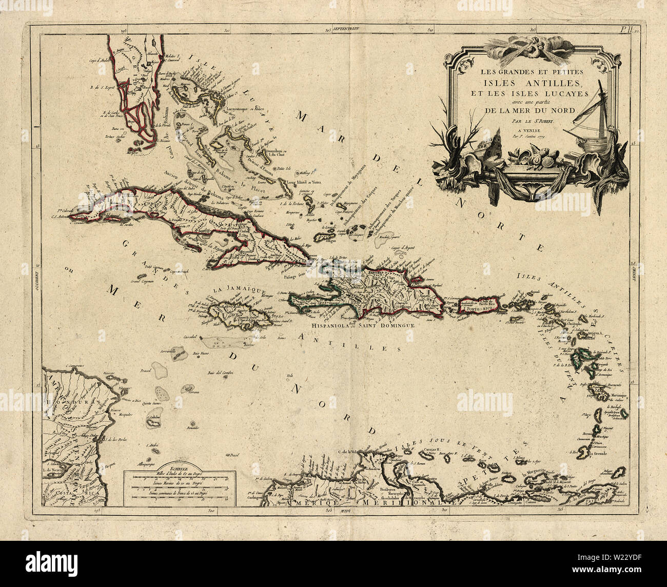 1789 Mappa delle Indie Occidentali, carta Antiquaria d'epoca di Vaugondy Foto Stock