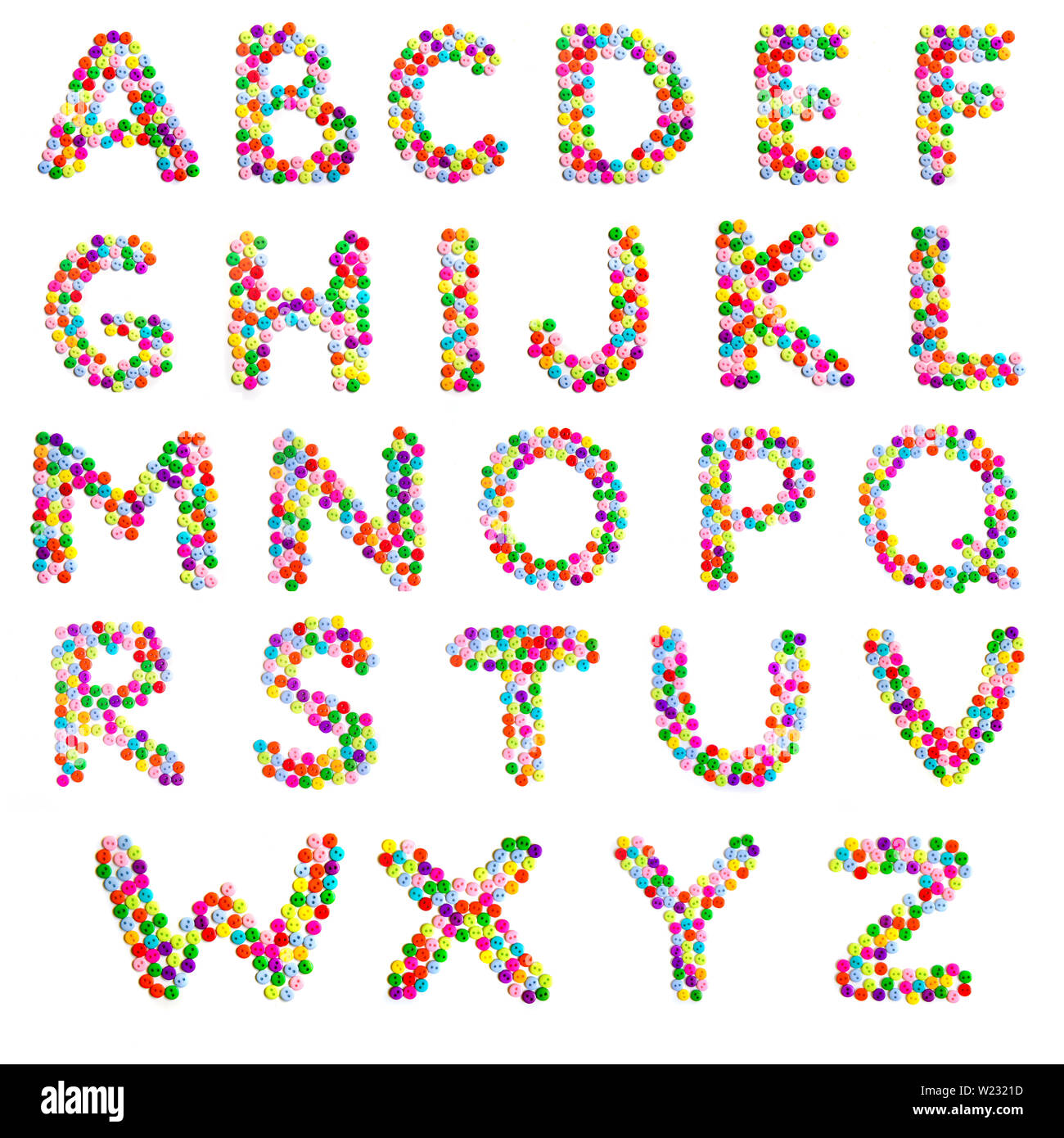Alfabeto, lettere A-Z alfabeto inglese di molte piccole luminose colorate pulsanti rotondi Foto Stock