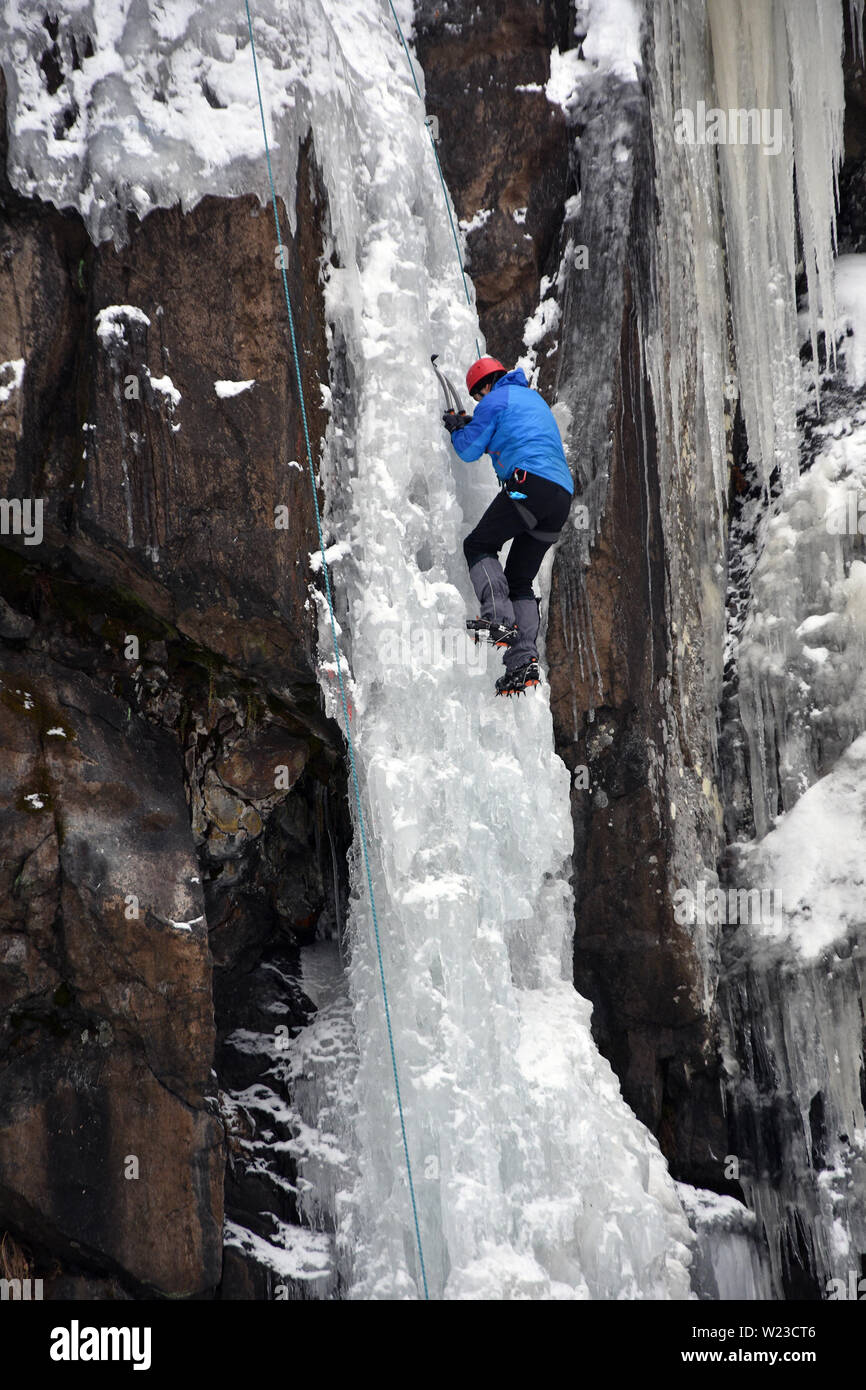 Scalatore di ghiaccio sulla ghiacciata cascata di Boyana nel Monte Vitosha Foto Stock