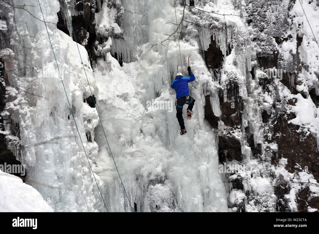 Scalatore di ghiaccio sulla ghiacciata cascata di Boyana nel Monte Vitosha Foto Stock