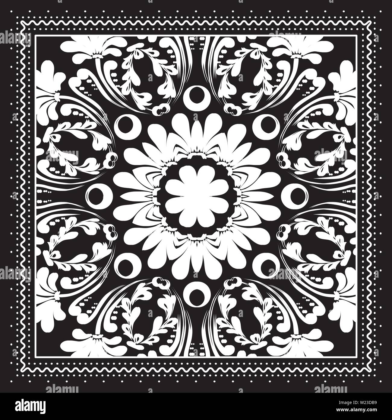 Bianco e nero Bandana print design con bordi per il tessile moda. La seta headwear Illustrazione Vettoriale
