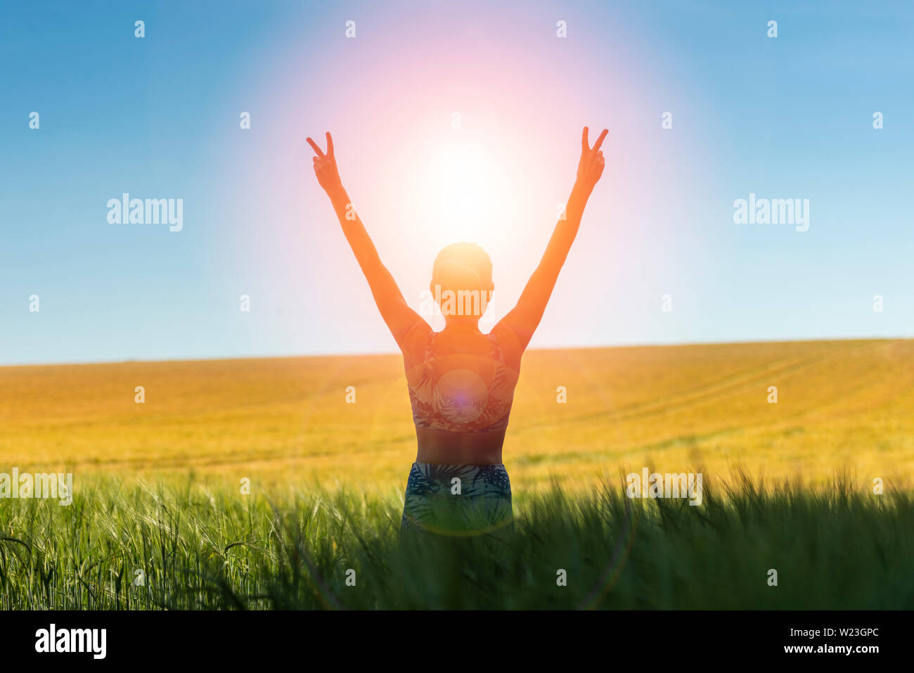 Vista posteriore di una donna ad alba con le braccia sollevate in gioia e libertà in piedi in un campo di grano Foto Stock