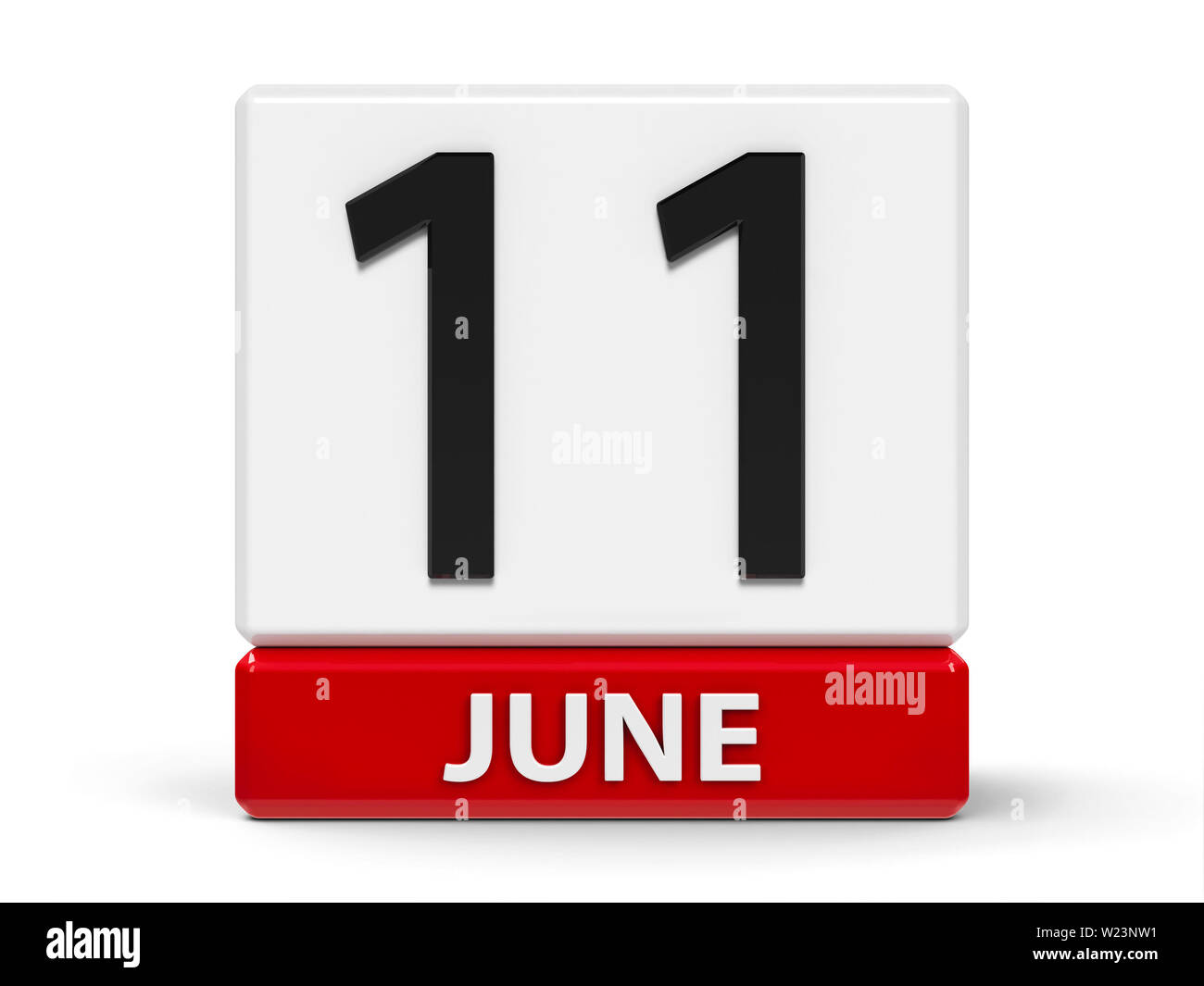 Rosso e bianco sull'icona del calendario dai cubi - Undicesimo del giugno - su un tavolo bianco, tridimensionale, rendering 3D illustrazione Foto Stock