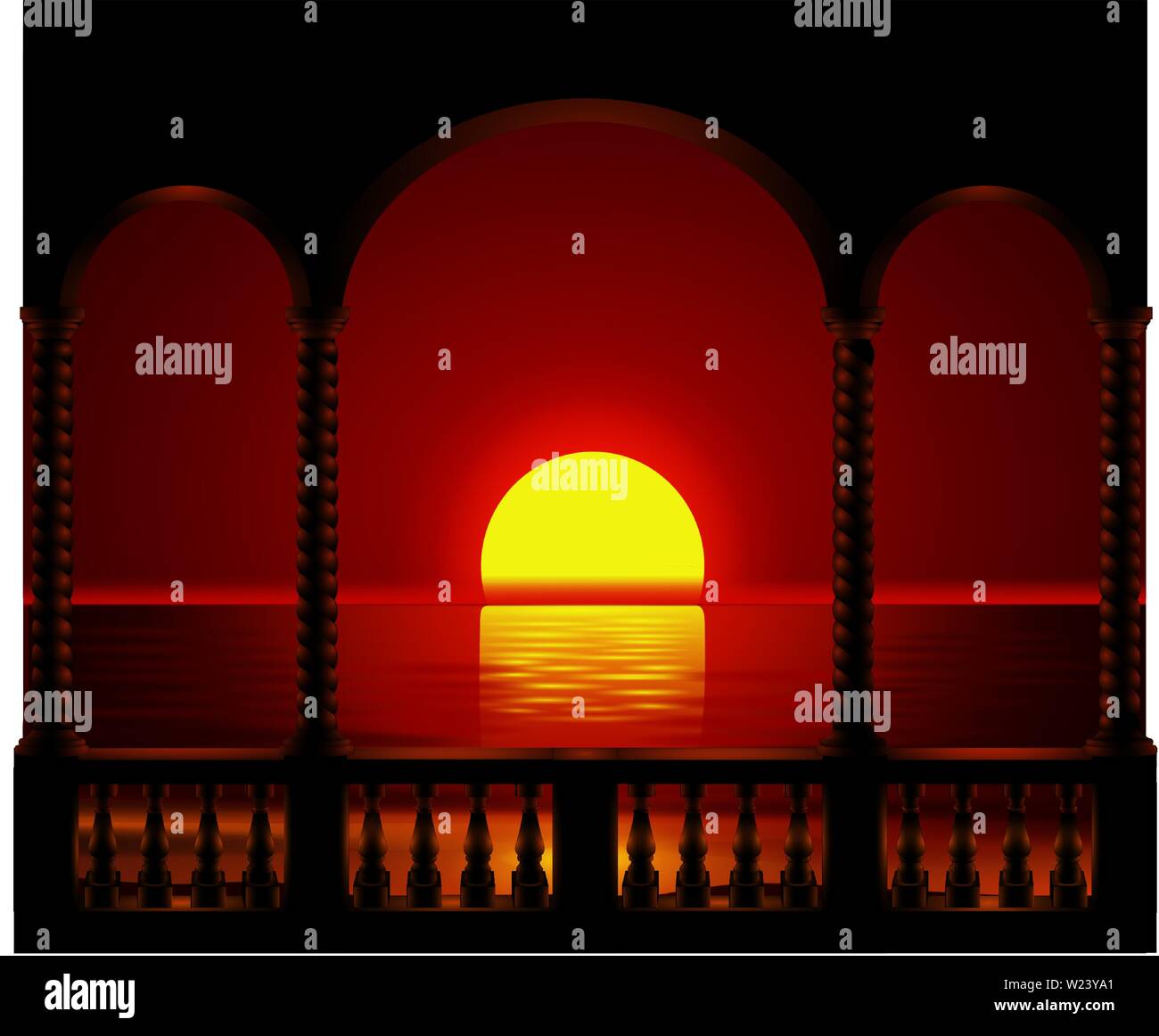 Tramonto sulla spiaggia vista dal balcone illustrazione vettore Illustrazione Vettoriale