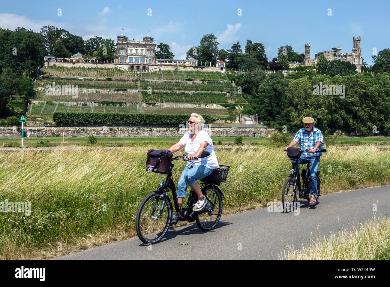 Due anziani, ciclisti in bicicletta lungo il fiume Elba vicino a Dresda, Lingnerschloss Castello Eckberg, Germania anziani Europa Foto Stock