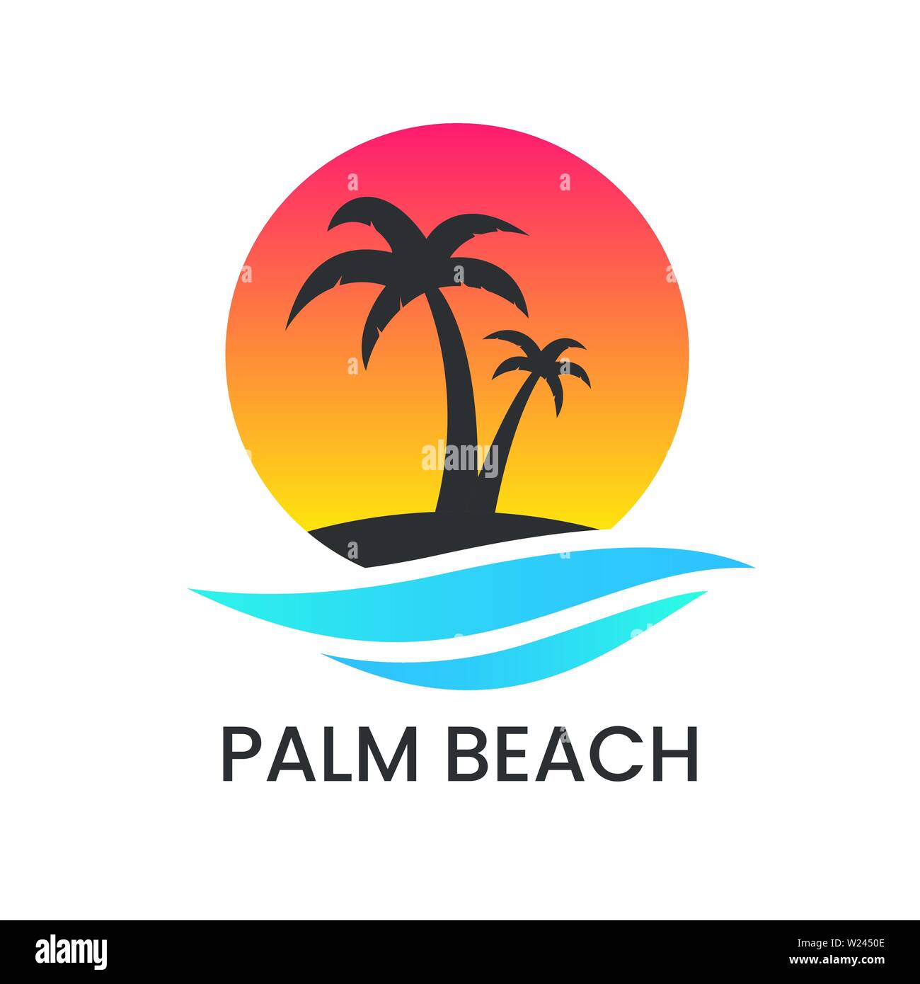 Spiaggia tramonto logo su sfondo bianco. Palm tree silhouette e blue wave. Logotipo di vacanza. Agenzia di viaggi modello. Costa dell'oceano e l'acqua. Estate Illustrazione Vettoriale
