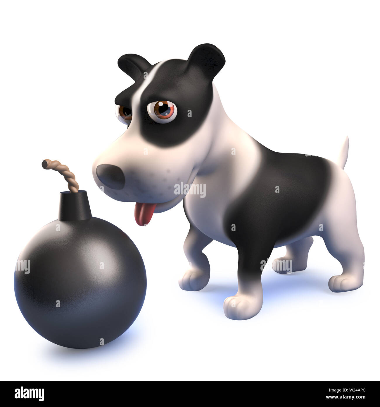 Immagine rappresentata in 3d di un cartoon 3d in bianco e nero cucciolo di cane hound guardando una bomba Foto Stock