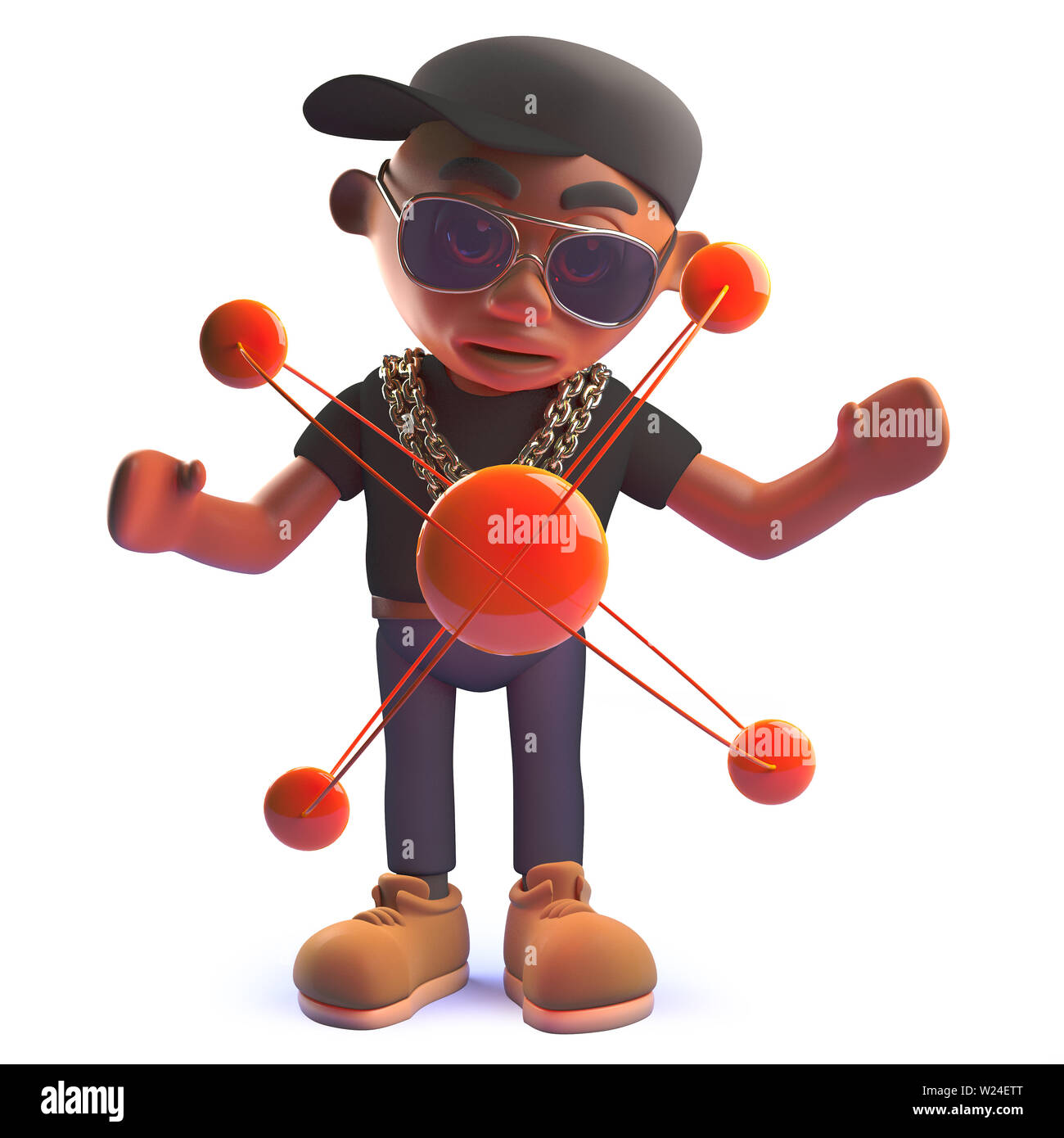 Immagine di rendering di un nero hip hop cantante rap personaggio dei cartoni animati in 3d con un atomo nucleare Foto Stock