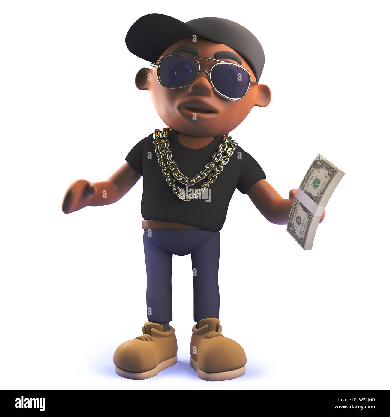 Immagine 3D rappresentata di un cartone nero americano africano hiphop  rapper in 3d tenendo un batuffolo di fatture del dollaro Foto stock - Alamy