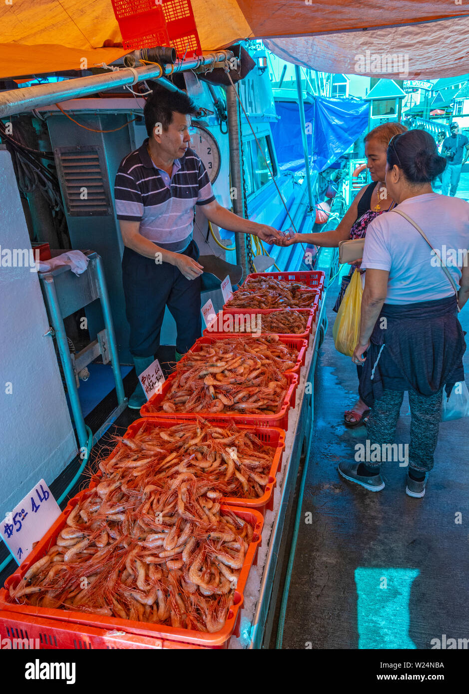 Canada, British Columbia, Steveston, Fisherman Wharf, frutti di mare vendita diretta dalla barca Foto Stock