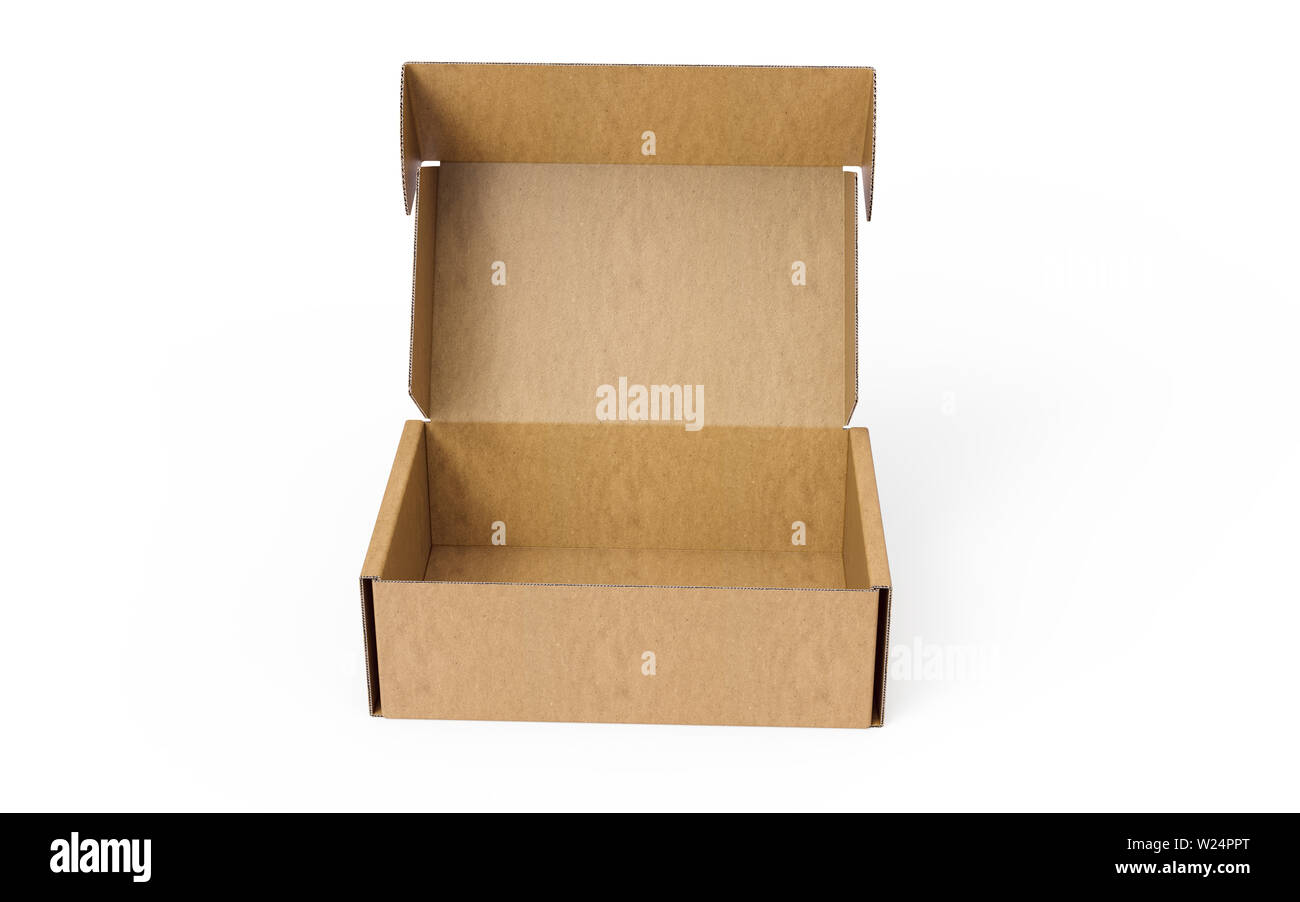 3D rendering di scatola di cartone. Altre dimensioni, angoli o strutture disponibili su richiesta Foto Stock