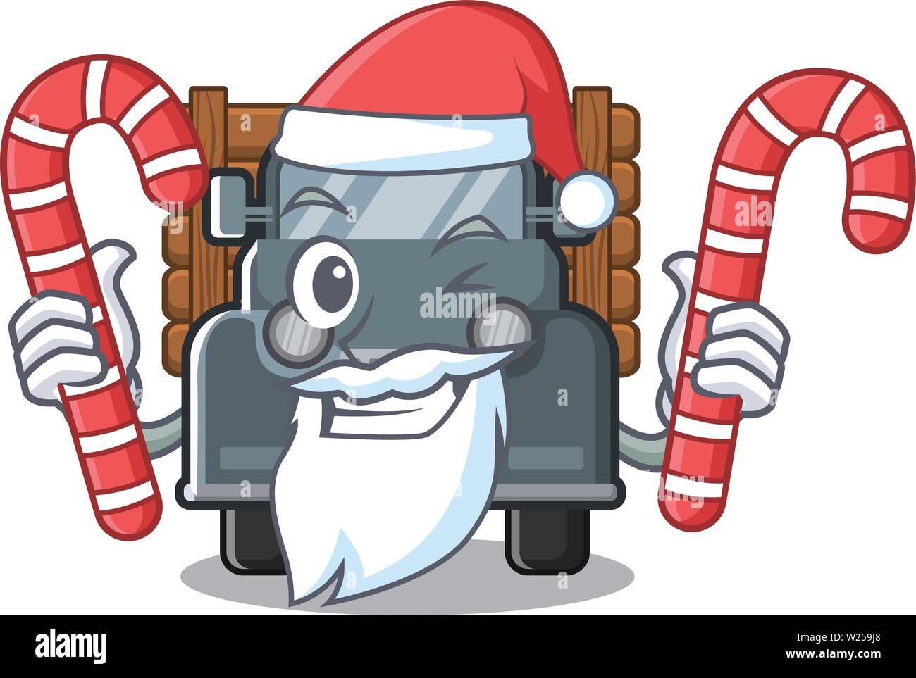 Santa con la caramella miniatura vecchio carrello nella sedia di carattere Illustrazione Vettoriale
