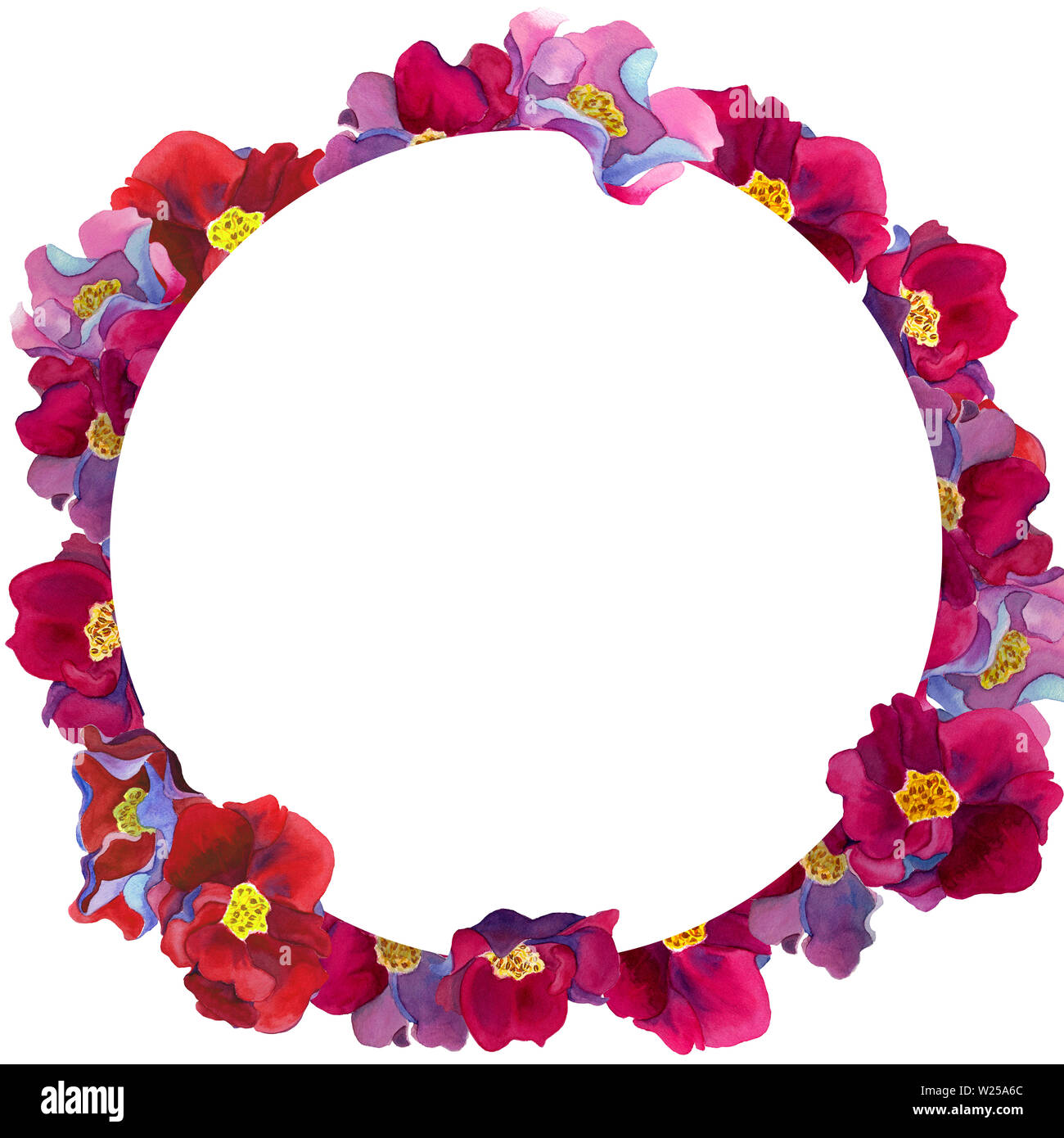 Telaio ad acquerello del fantastico con fiori rosa e petali di colore rosso, blu e viola le ombre, modello su sfondo bianco. Design per decorazioni per matrimoni Foto Stock