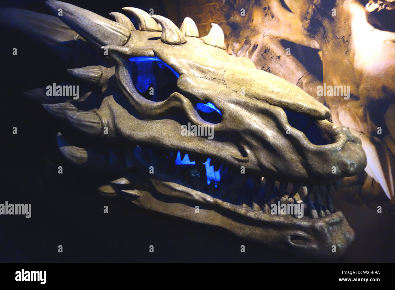 Grande Drago Targaryen teschi sul display nel gioco di troni Exhibition, Belfast, County Antrim, Irlanda del Nord, Regno Unito. Foto Stock