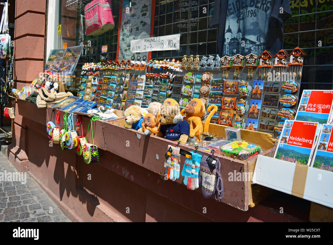 Negozi di souvenir che offre vari locali ninnoli come magneti per il frigo e giocattoli di peluche in histrocail centro storico di Heidelberg, Germania Foto Stock