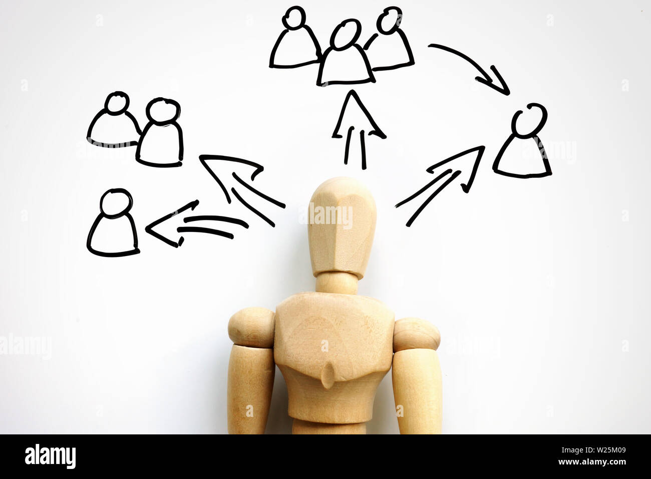 Il concetto di delega. Statuetta di legno e schema per la delega. Foto Stock