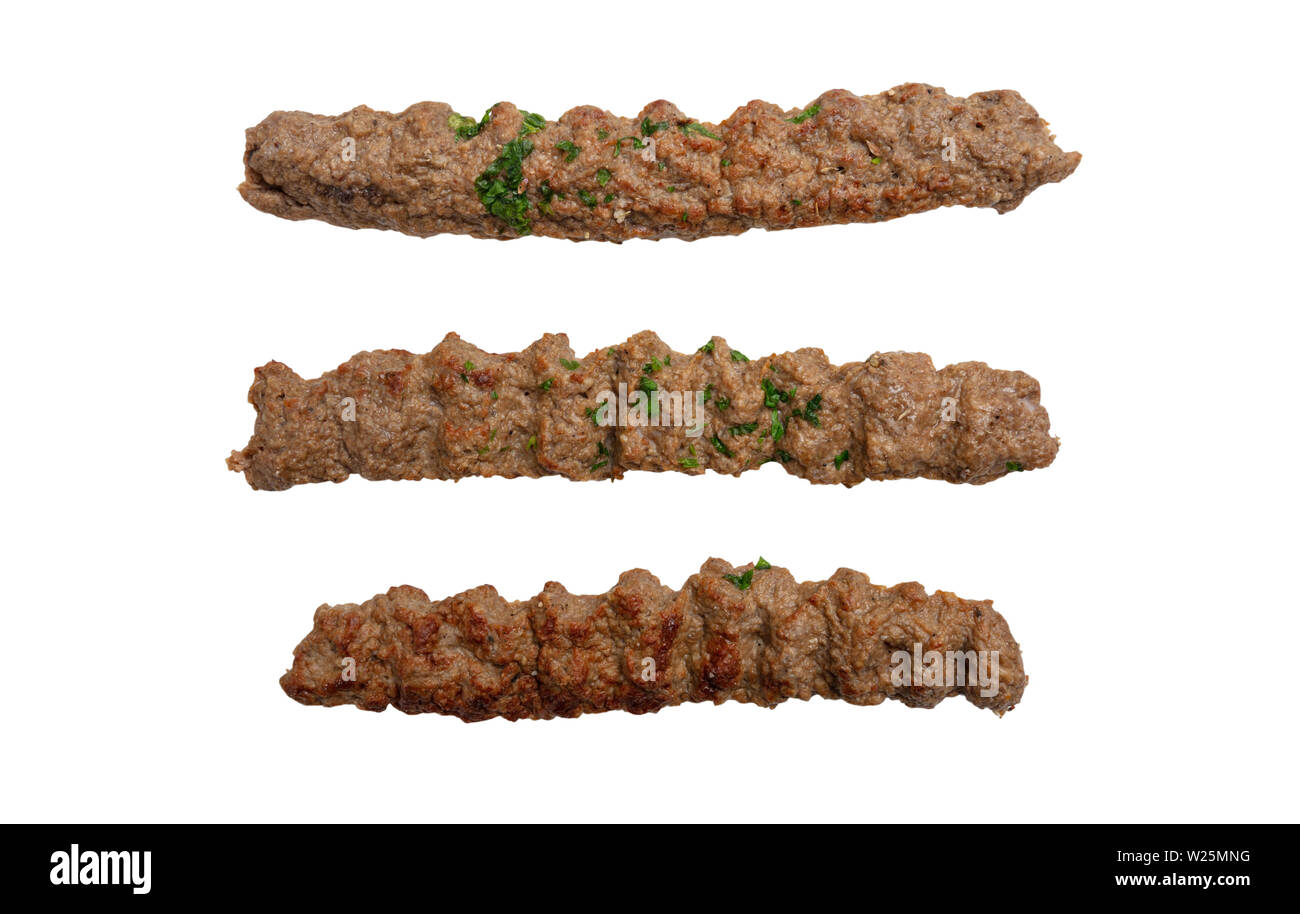 Kebab, tradizionale turca, greca di carne alimentare, intaglio isolato su sfondo bianco, vista dall'alto Foto Stock