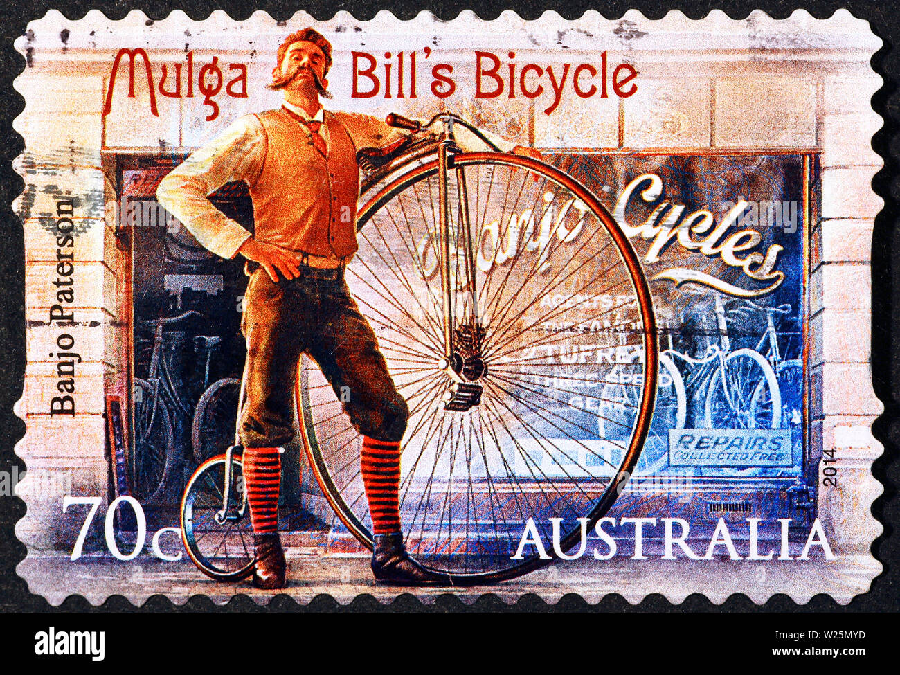 Vecchia pubblicità di biciclette su australian francobollo Foto Stock