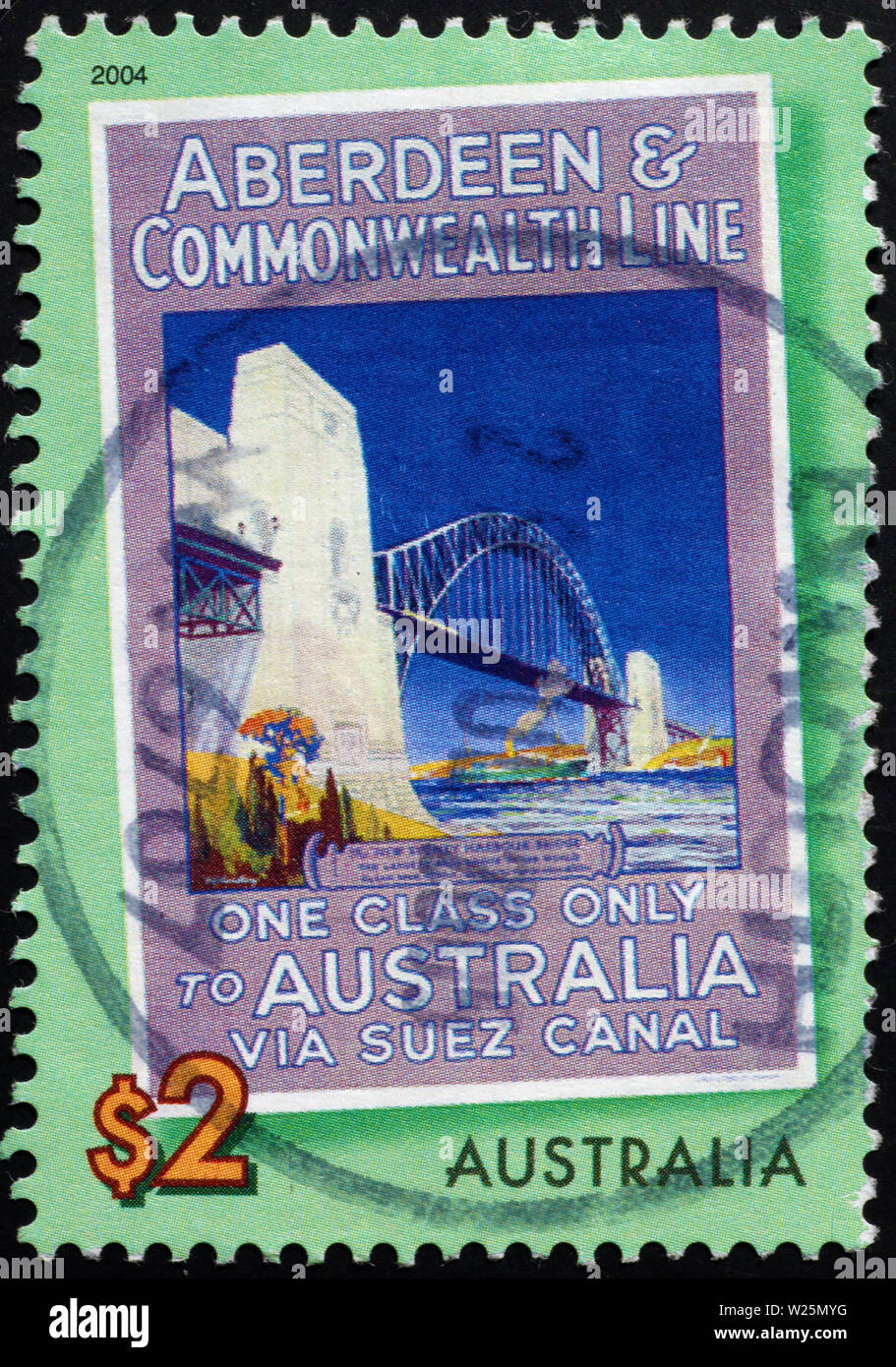Il vecchio cruise line poster su australian francobollo Foto Stock