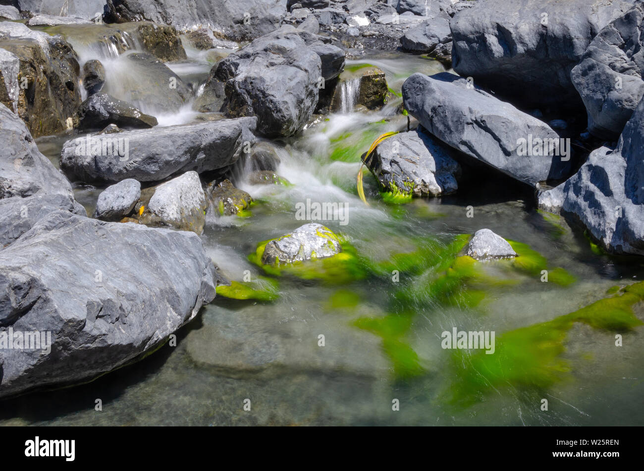 Veloce che scorre acqua nel flusso rocciose, Cape Palliser, Wairarapa, Isola del nord, Nuova Zelanda Foto Stock