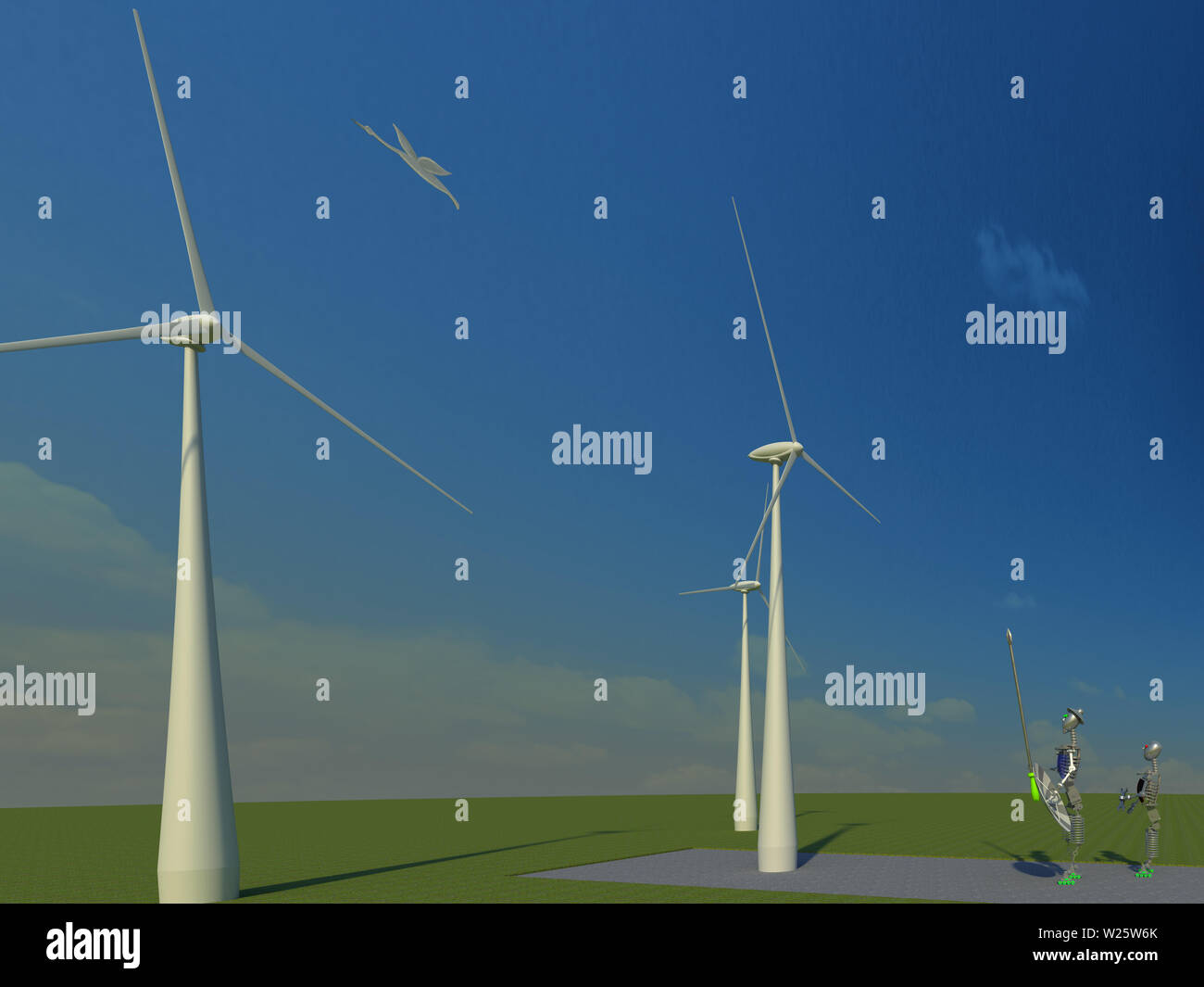 Don Chisciotte si muove con i tempi 3D'illustrazione 1. Robot caratteri rispetto ai mulini a vento, prospettiva, futuristico, sullo sfondo del cielo. Collezione. Foto Stock