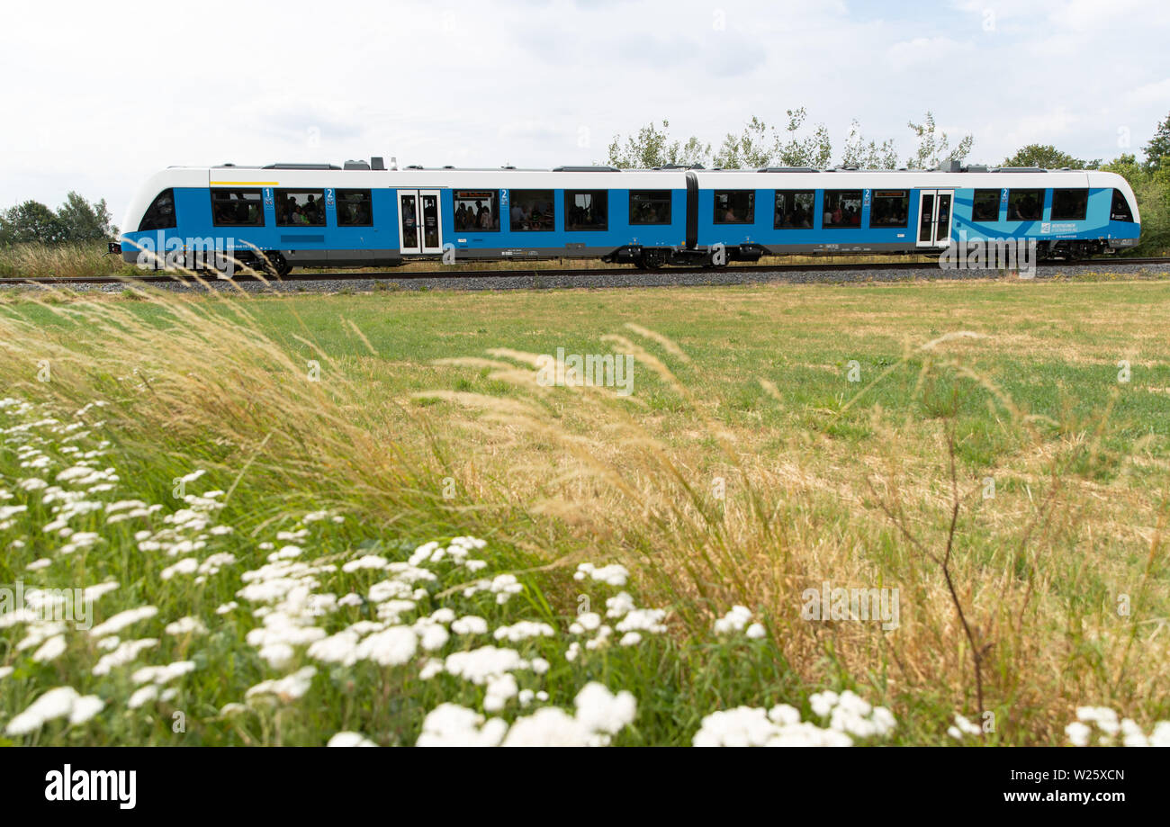 Nordhorn, Germania. 06 Luglio, 2019. Un vagone ferroviario di Bentheimer Eisenbahn corre sulla linea del RB 56 durante il cerimoniale di riavvio del treno passeggeri dal servizio di Bad Bentheim di Nordhorn. Dopo 45 anni, la ferrovia Bentheimer è ancora in esecuzione sui treni passeggeri sulla connessione, questo è il terzo della riattivazione di una linea ferroviaria in Bassa Sassonia. Credito: Friso Gentsch/dpa/Alamy Live News Foto Stock