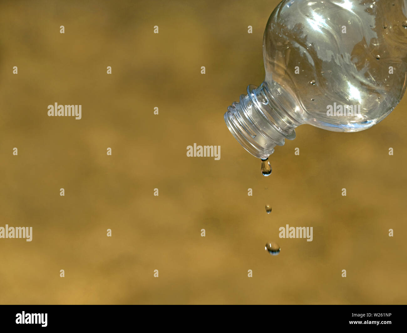 Ultima goccia di acqua da svuotare la bottiglia di plastica su essiccato su sfondo di erba, vicino, concetto di scarsità d'acqua, la siccità Foto Stock