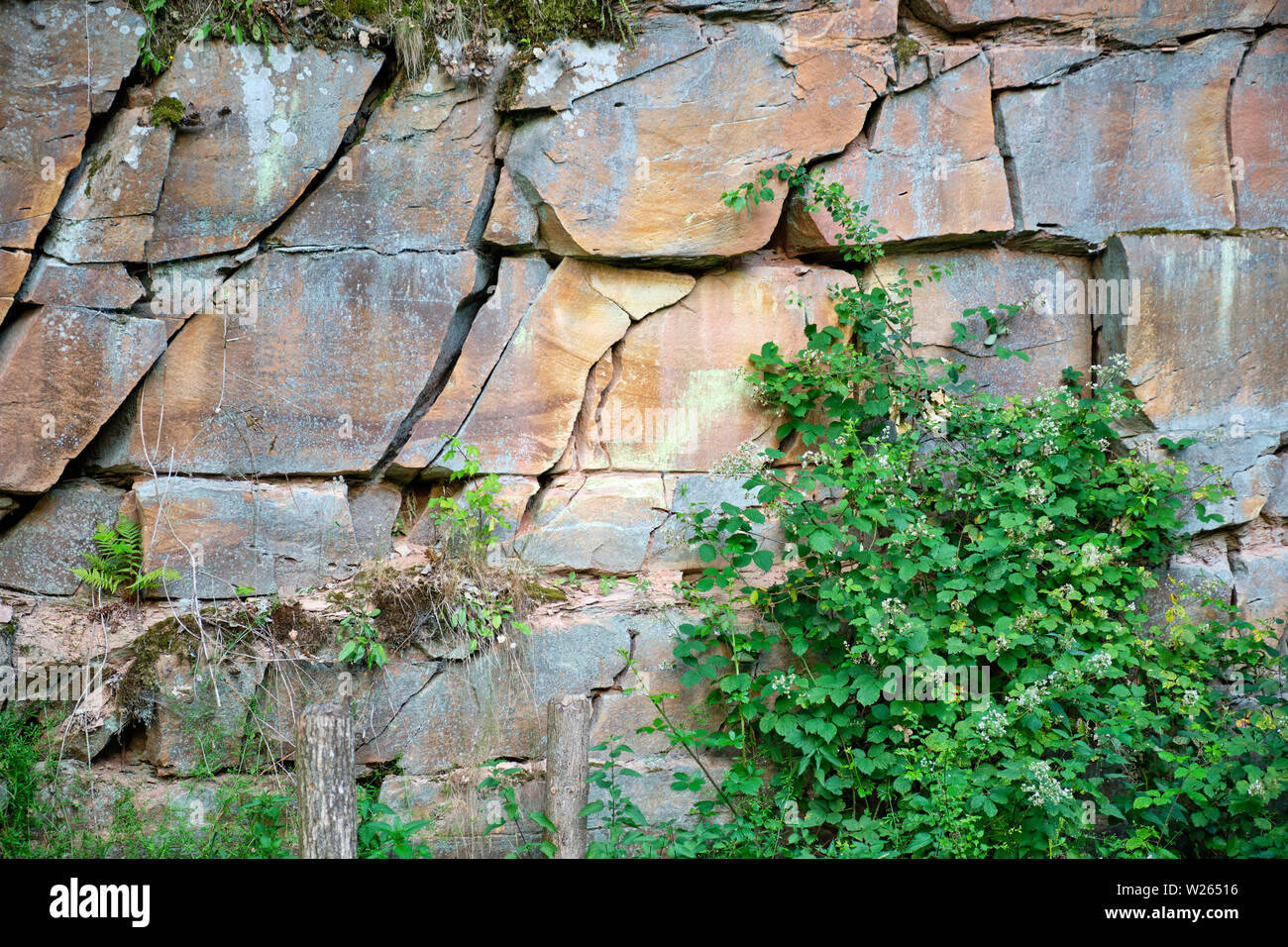 Una parete con strati di rotture di pietra arenaria rossa in un antico pozzo in pietra in Spessart in Germania Foto Stock