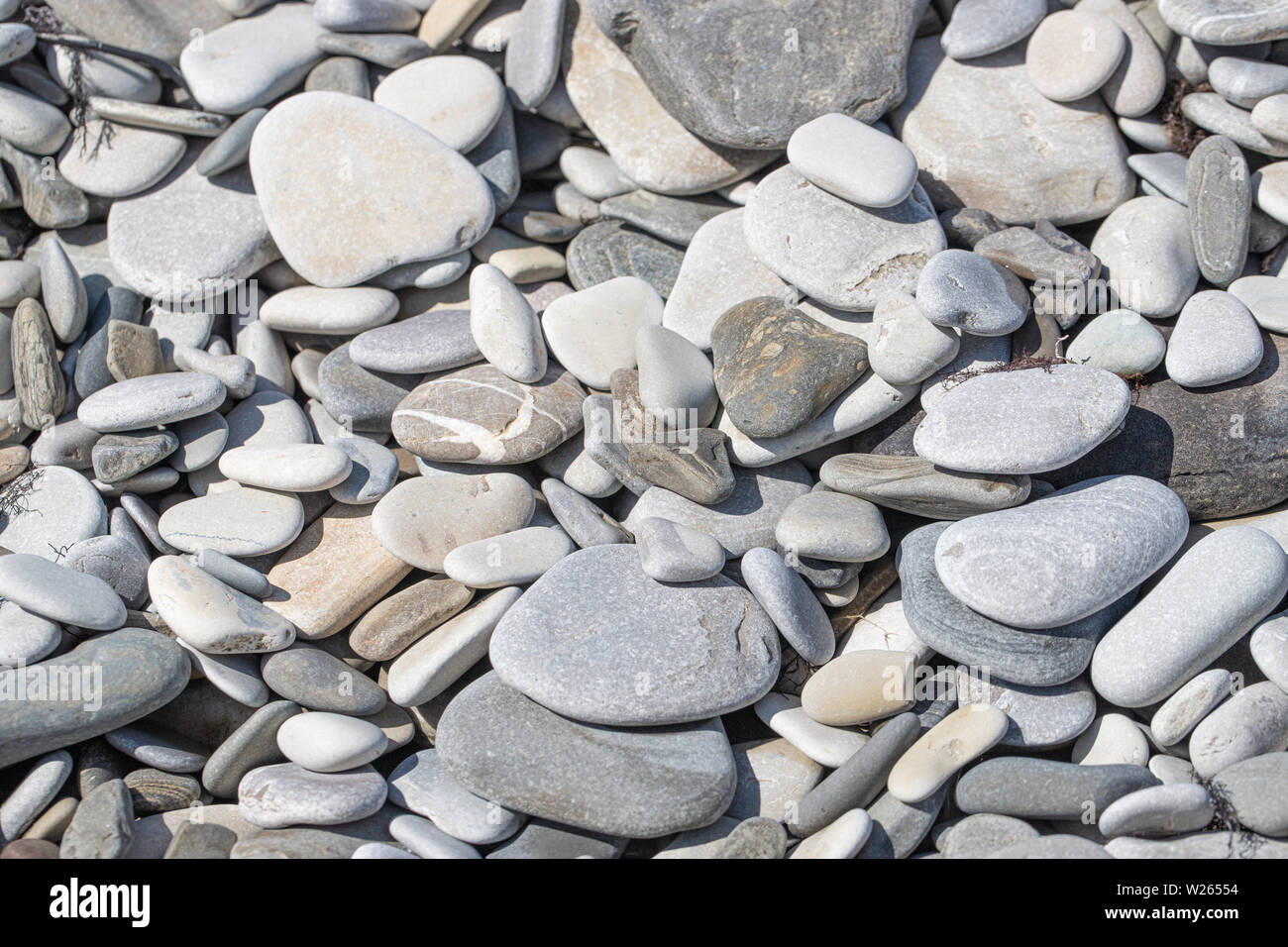 Ciottoli grigio su una spiaggia Foto Stock