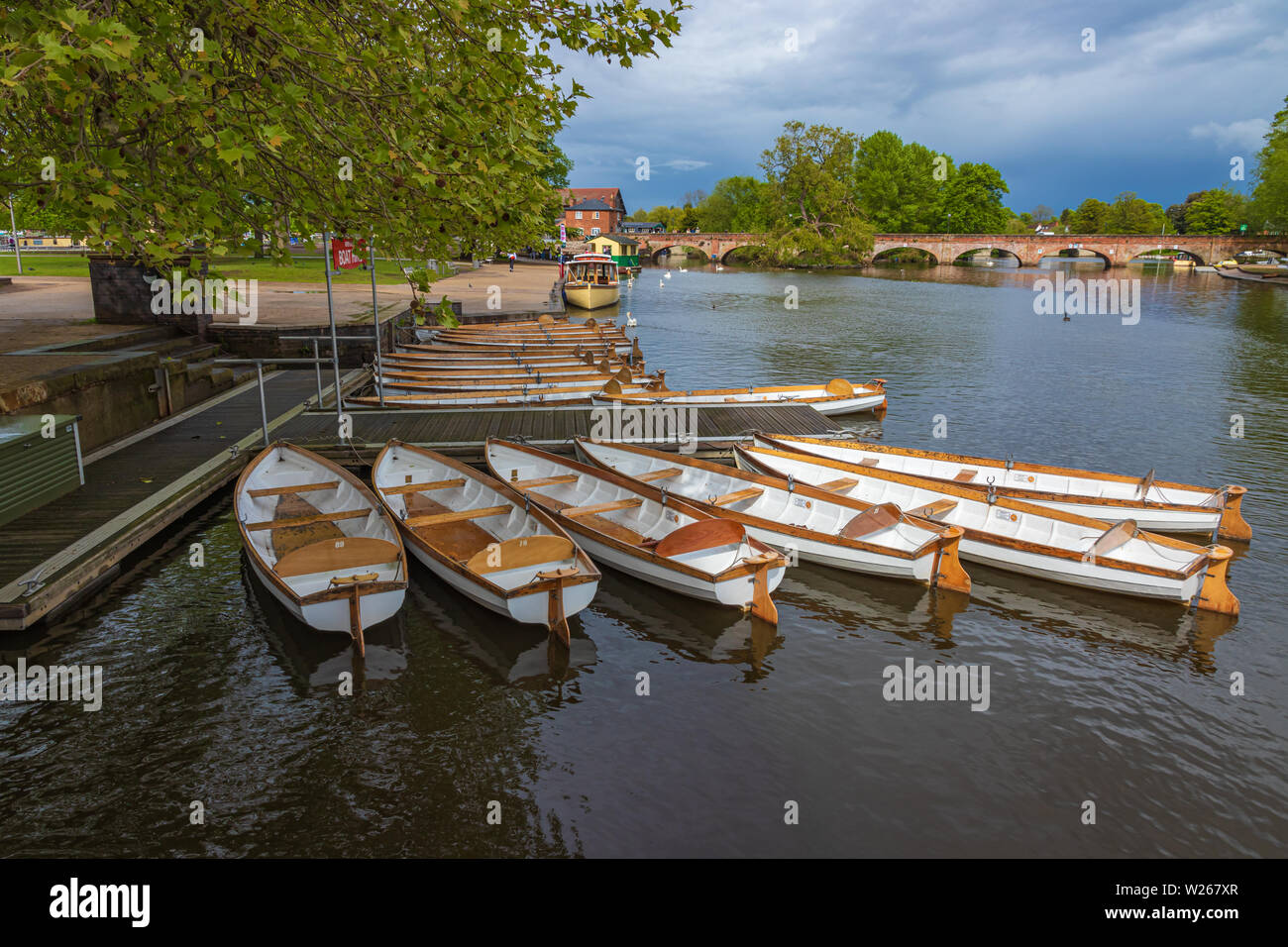 In legno tradizionali barche a remi a noleggio sul fiume Avon a Stratford Upon Avon, Warwickshire Foto Stock