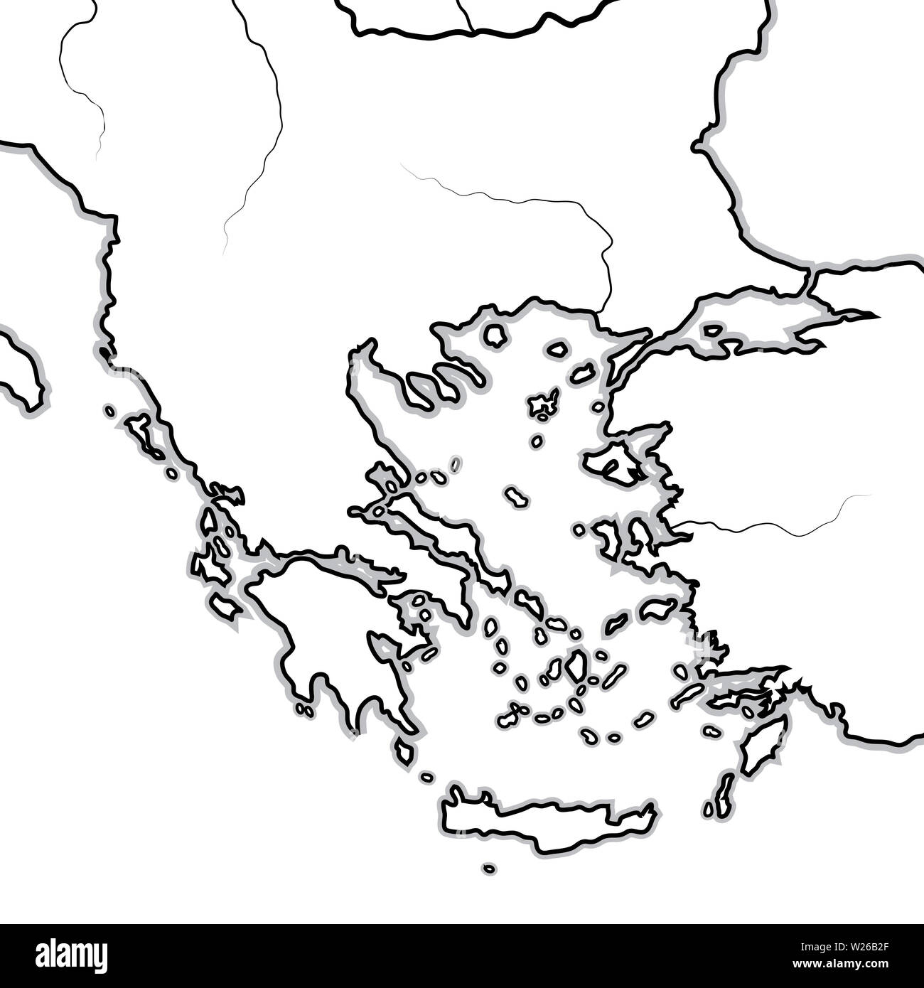 Mappa dei Balcani / greco terre: Grecia (Hellas), Balcani, Peloponneso, Thessalia, Thracia, Macedonia, Albania, Illyria, Ionia, Anatolia, il Mare Egeo. Foto Stock