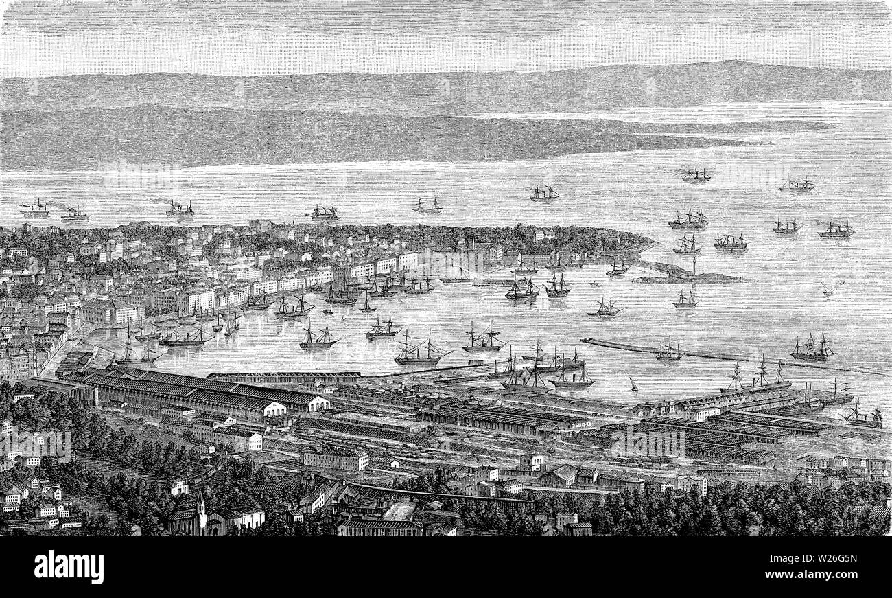 Vista panoramica del porto di Trieste sul mare Adriatico, dock area commerciale e cityscape, XIX secolo Foto Stock