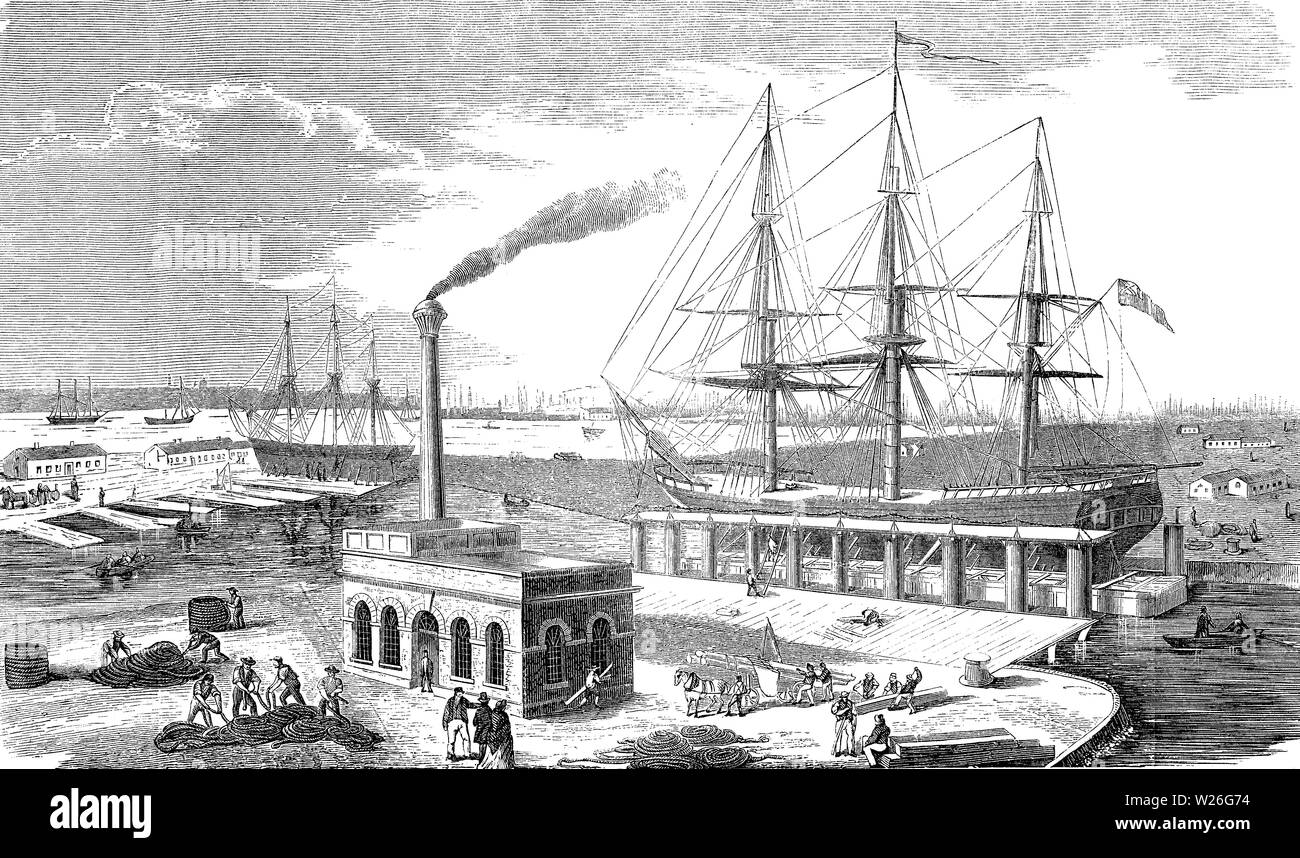Vista dell'area del molo del porto di Londra sul Tamigi, Victoria Docks 1859 Foto Stock
