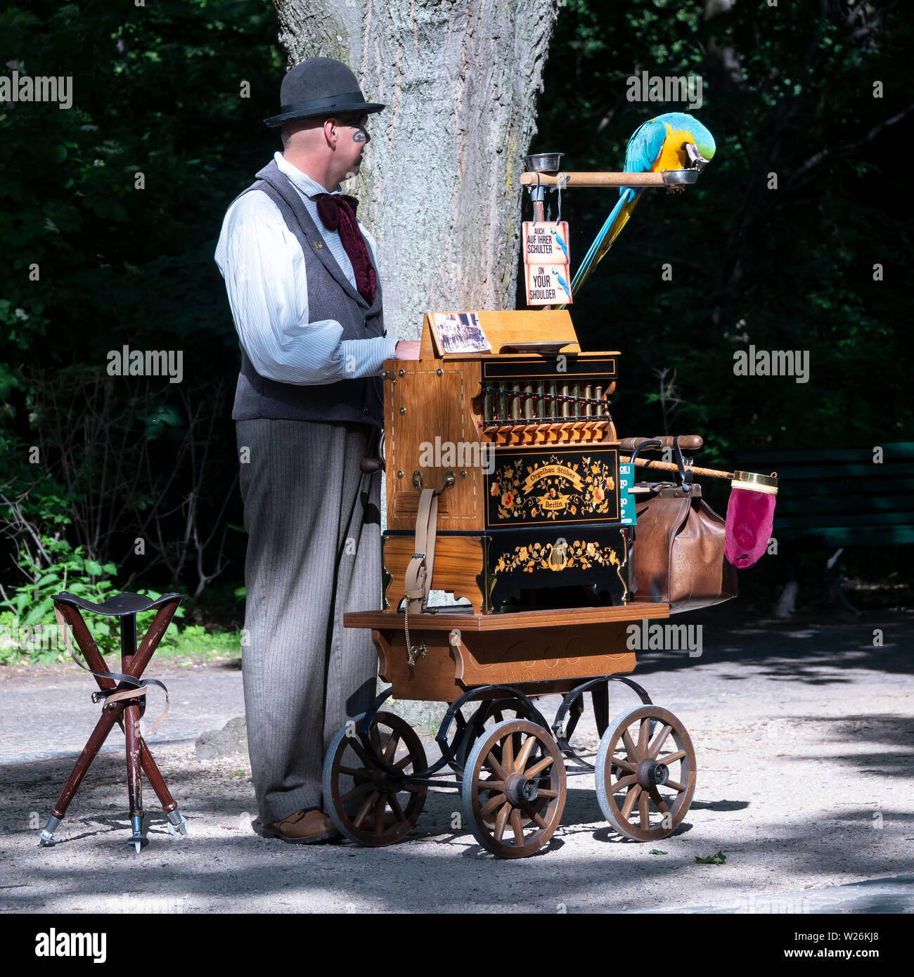 Berlino, Germania - Giugno 8, 2019: un organetto Player con un pappagallo a Berlino, Germania Foto Stock