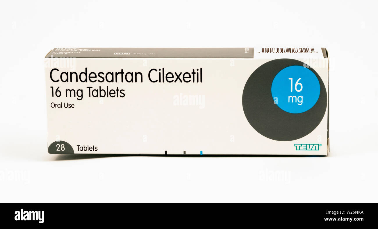 Candesartan Cilexetil- un recettore di angiotensina bloccante usato principalmente per il trattamento di alta pressione sanguigna e insufficienza cardiaca congestizia. Foto Stock