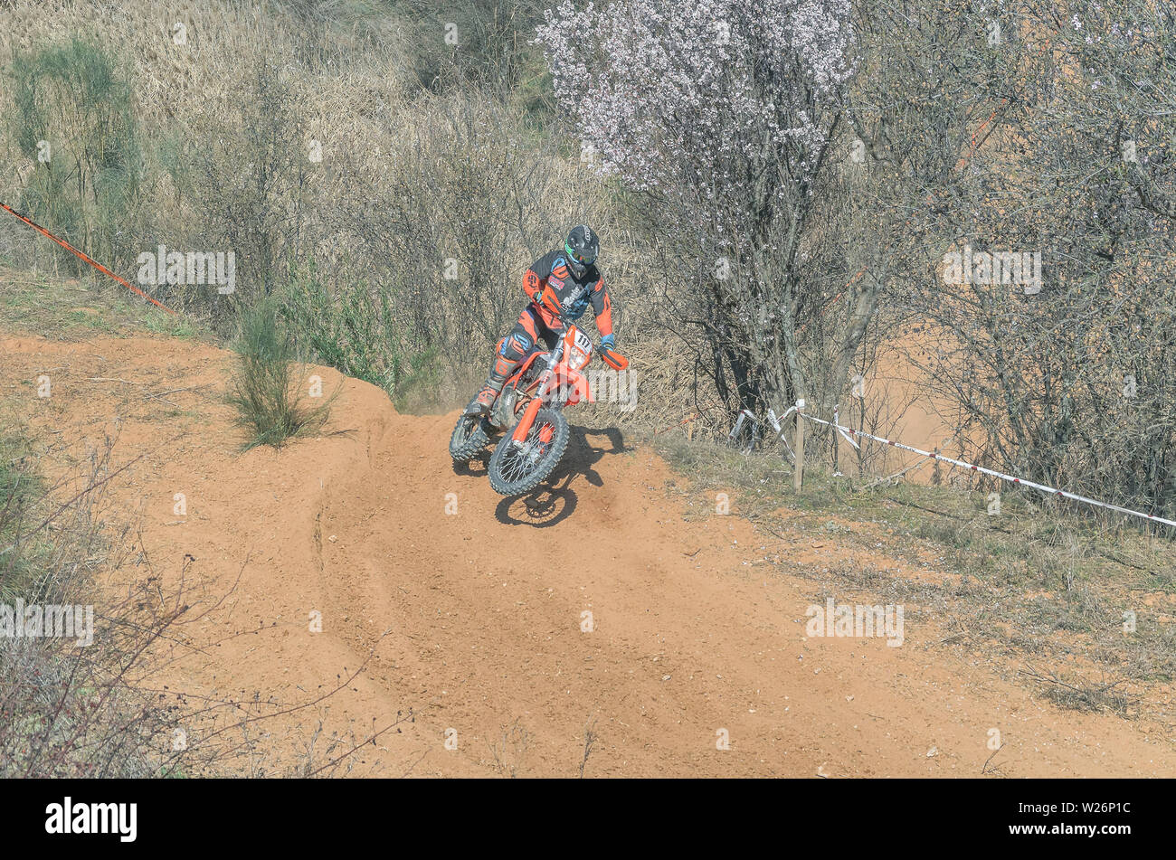 Spagna cross country campionato. Spettacolare salto di motociclista con il numero 117, durante la gara. Giornata di sole nella città di Guadalajara (Spagna). Foto Stock