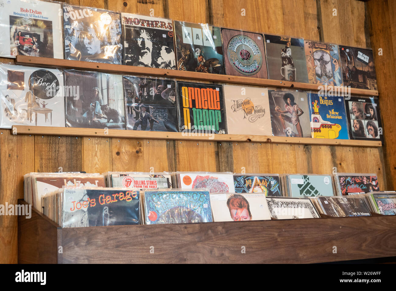 LPs e vinil record visualizzati su una parete in un archivio di record per la vendita Foto Stock