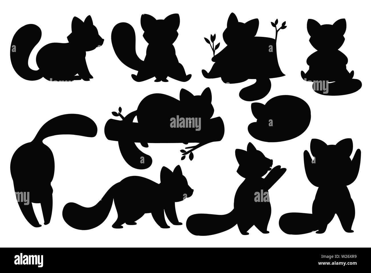 Silhouette nera set di carino adorabile panda rosso in diverse pose cartoon design carattere animale piatto stile vettore illustrazione su sfondo bianco. Illustrazione Vettoriale