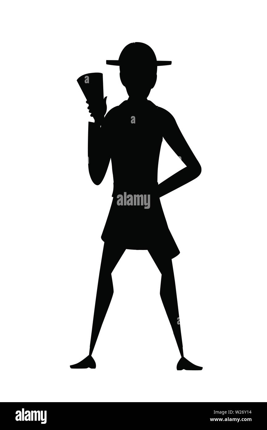 Silhouette nera maschio adulto pompiere stand su terra indossando forma ignifughi cartoon character design piatto illustrazione vettoriale. Illustrazione Vettoriale