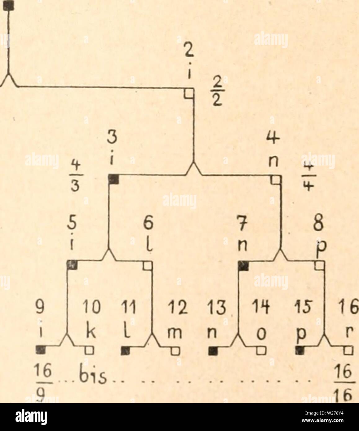 Immagine di archivio da pagina 253 di Das werden der organismen zur. Das werden der organismen zur widerlegung von Darwins zufallstheorie durch das gesetz in der entwicklung daswerdenderorga00hert Anno: 1922 Fig."3i. Stammbauin von 4 Generationen (i, -F4) eines als bezeich c- neten Ahnherrn; zusammen- gestellt auf Grund der im vSchema eines Netzwerkes genealogischen (Fig. 35) ge- gebenen verwandtschaftlichen Beziehungen von 16 Familien a - r. Die männlichen Glie- der des Stammbaums und des Netzwerks sind als schwarze quadrato, die weiblichen Glieder als weiße quadrato kenntlich gemacht. 1 2 1 2 Foto Stock