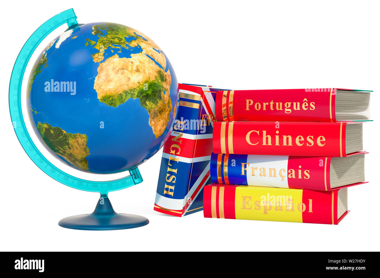 Lingue libri con Globo geografico della Terra, 3D rendering isolati su sfondo bianco Foto Stock