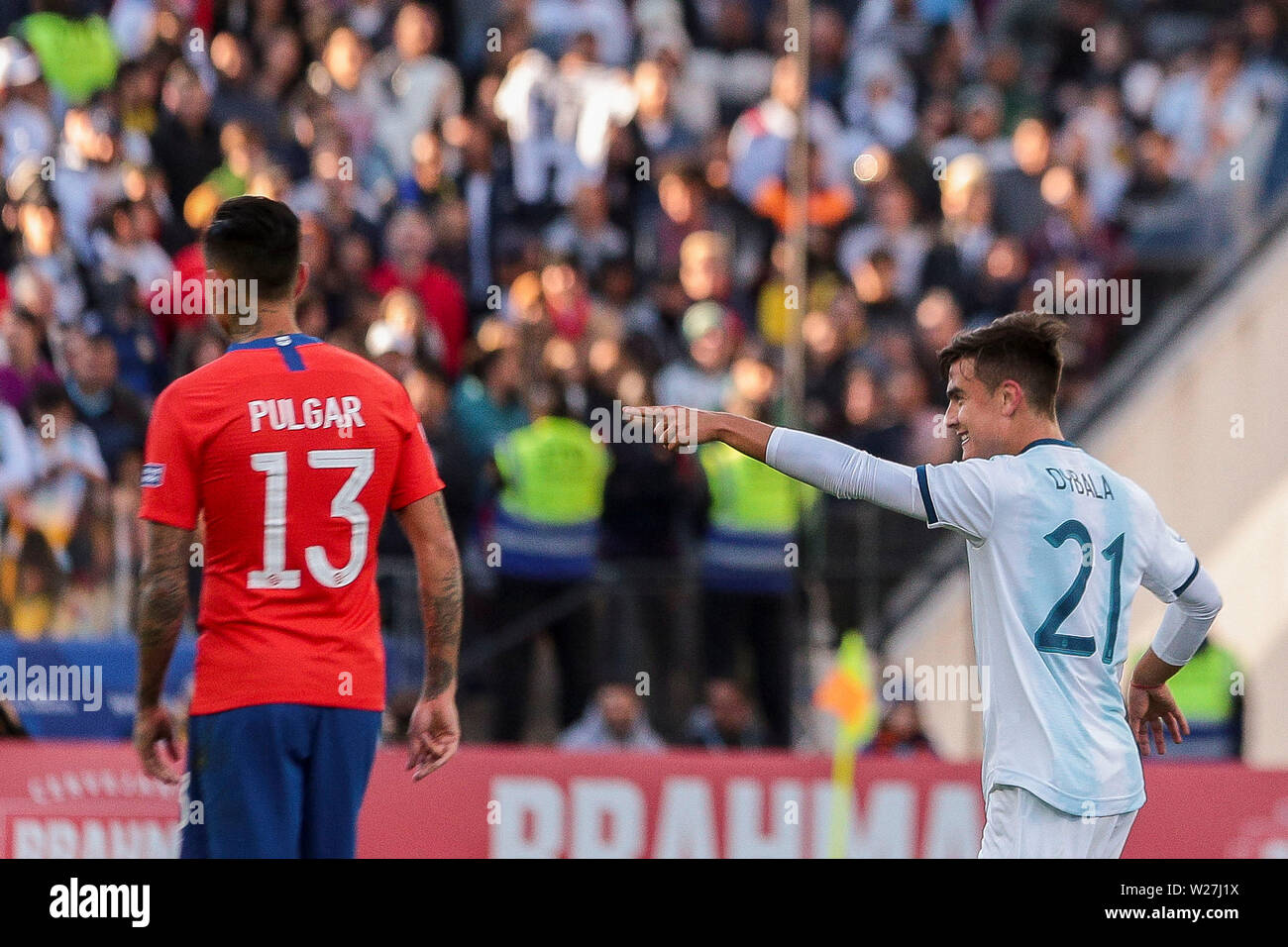 6 luglio 2019, Corinzi Arena Stadium, Sao Paulo, Brasile; Copa America international football, 3a-4a playoff finali, Argentina contro il Cile; Paulo Dybala Argentina celebra il suo obiettivo per 2-0 in 22 minuti di gioco Foto Stock