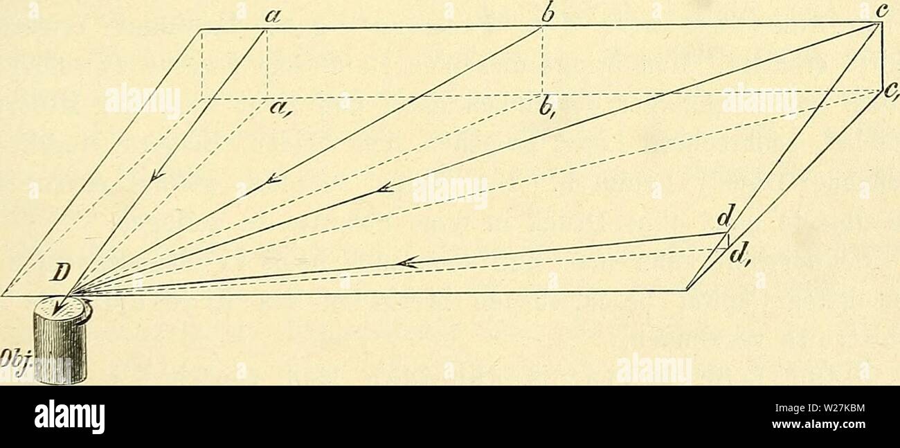 Immagine di archivio da pagina 288 di Das Mikroskop Ein Leitfaden der. Das Mikroskop. Ein Leitfaden der wissenschaftlichen Mikroskopie dasmikroskopeinl00zimm Anno: 1895 277 Uomo verwendet übrigens diese Schleifmasse zweckmässig in der Weise, dass man eine nicht zu geringe Quantität derselben auf einer mattgeschliffenen völlig ebenen Platte von Spiegelglas mit Wasser zu einem dicken Brei anreibt und in diesem dann das Messer in Zügen kreisförmigen hin und suo bewegt. 3. Die Herstellung der Schnitte. § 490. Für Freihandschnitte natürlich ist die Art der Messer- haltung von der grössten Bedeutung; denn Foto Stock